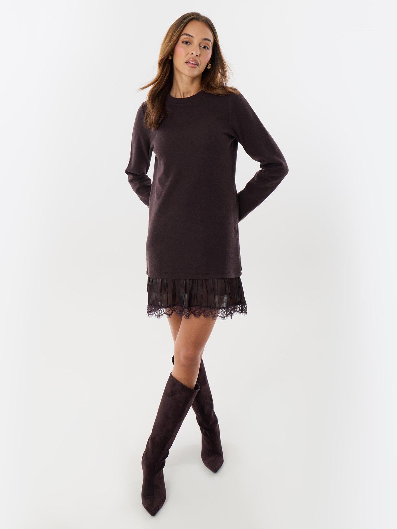 Image 3 of 4 of Threadbare Womens 2 In 1 Lace Trim Knitted Mini Dress - Brown