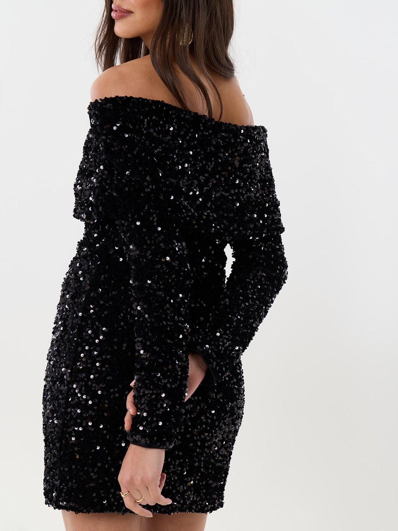 Image 2 of 4 of Threadbare Womens Sequin Bardot Mini Dress - Black