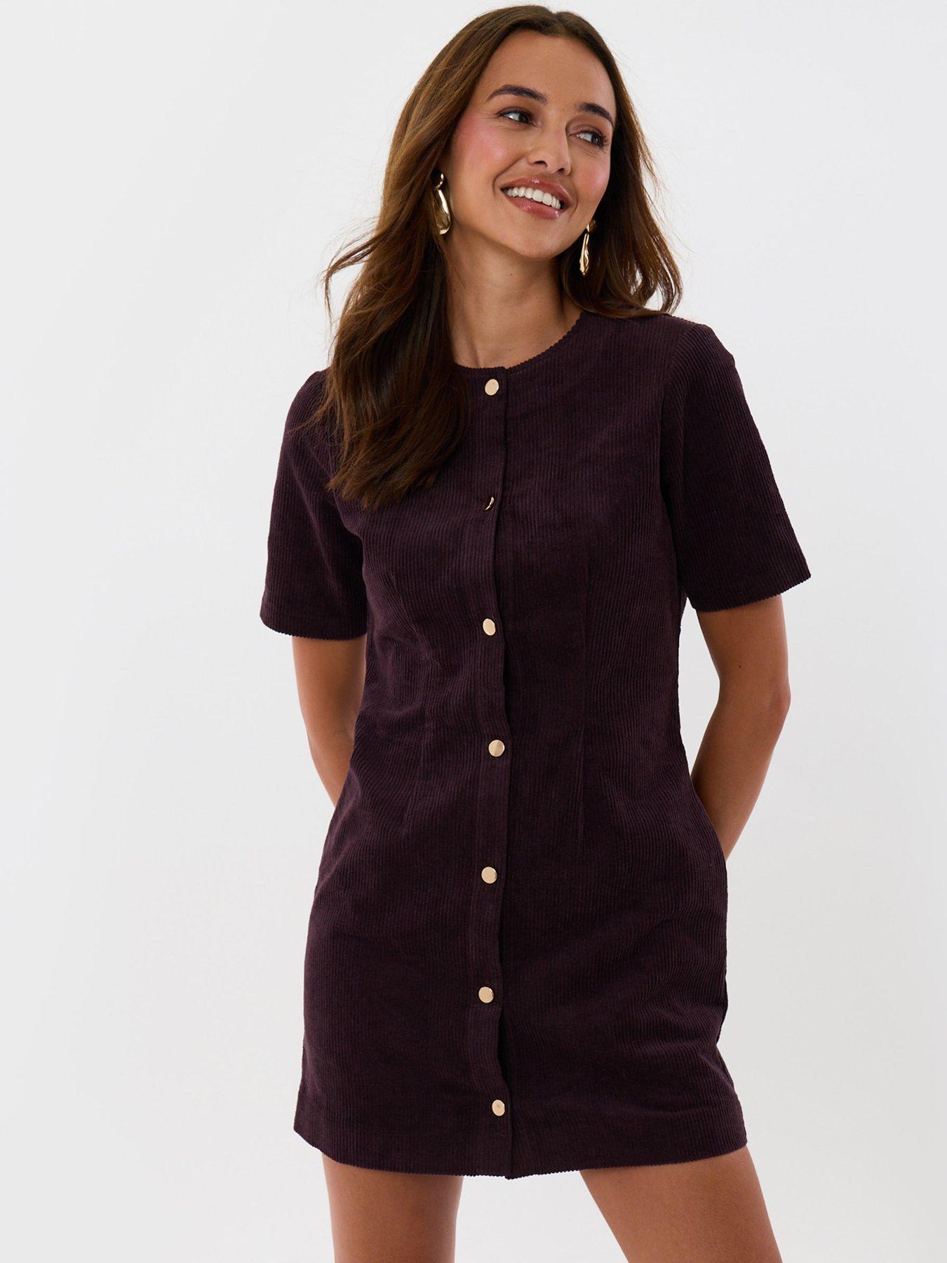 Image 1 of 4 of Threadbare Corduroy Button Down Mini Dress In Plum