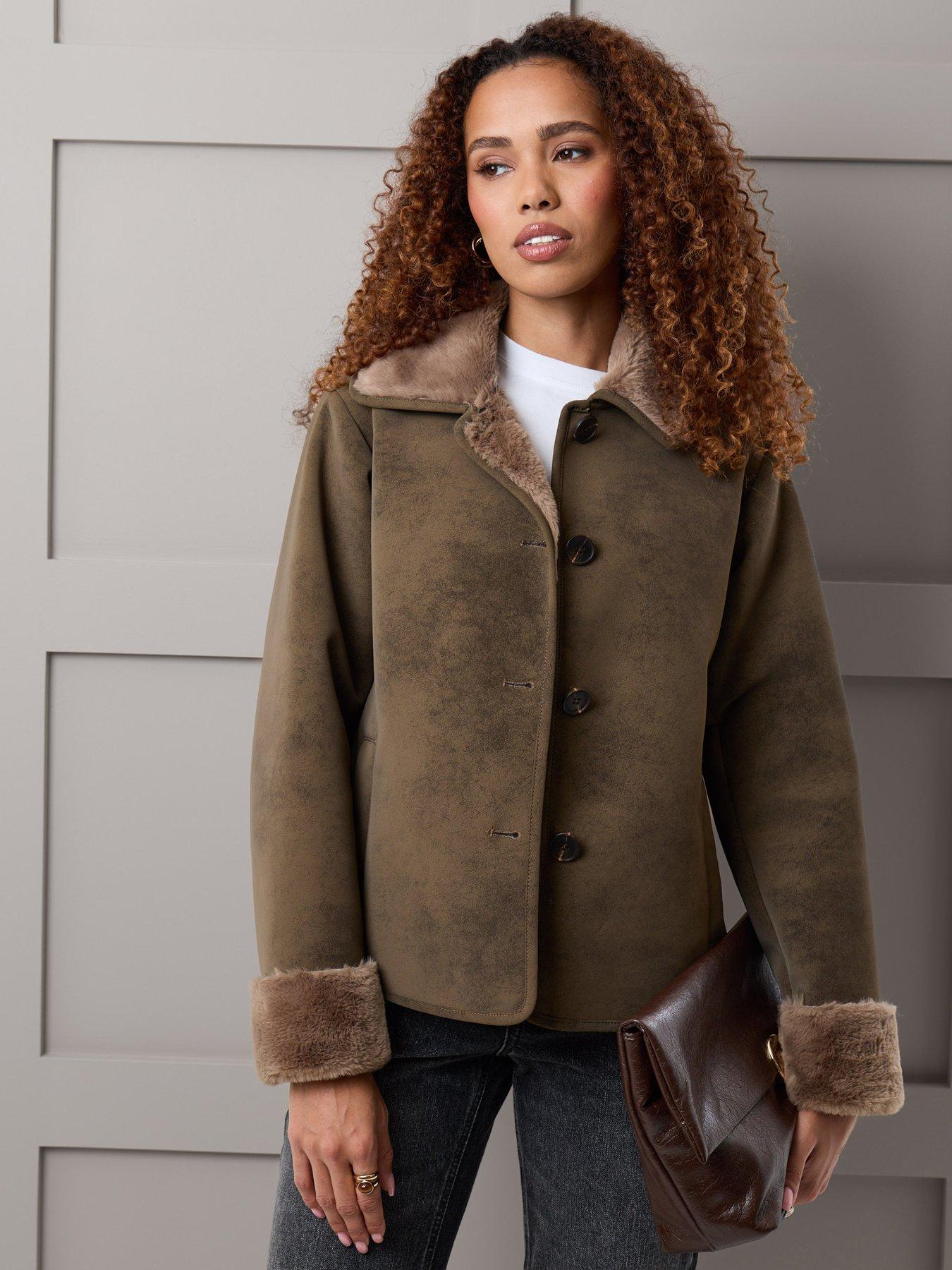 Image 1 of 4 of Threadbare Faux Suede Shacket With Collar In Mink Brown