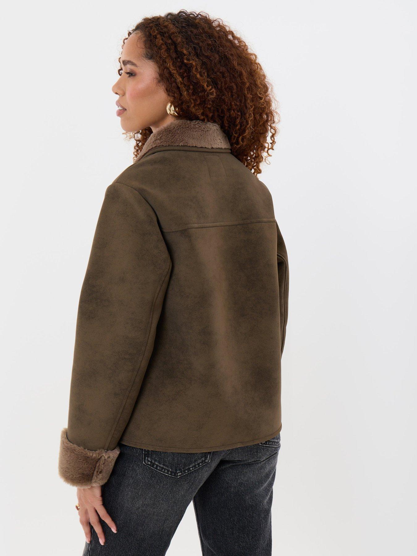 Image 2 of 4 of Threadbare Faux Suede Shacket With Collar In Mink Brown