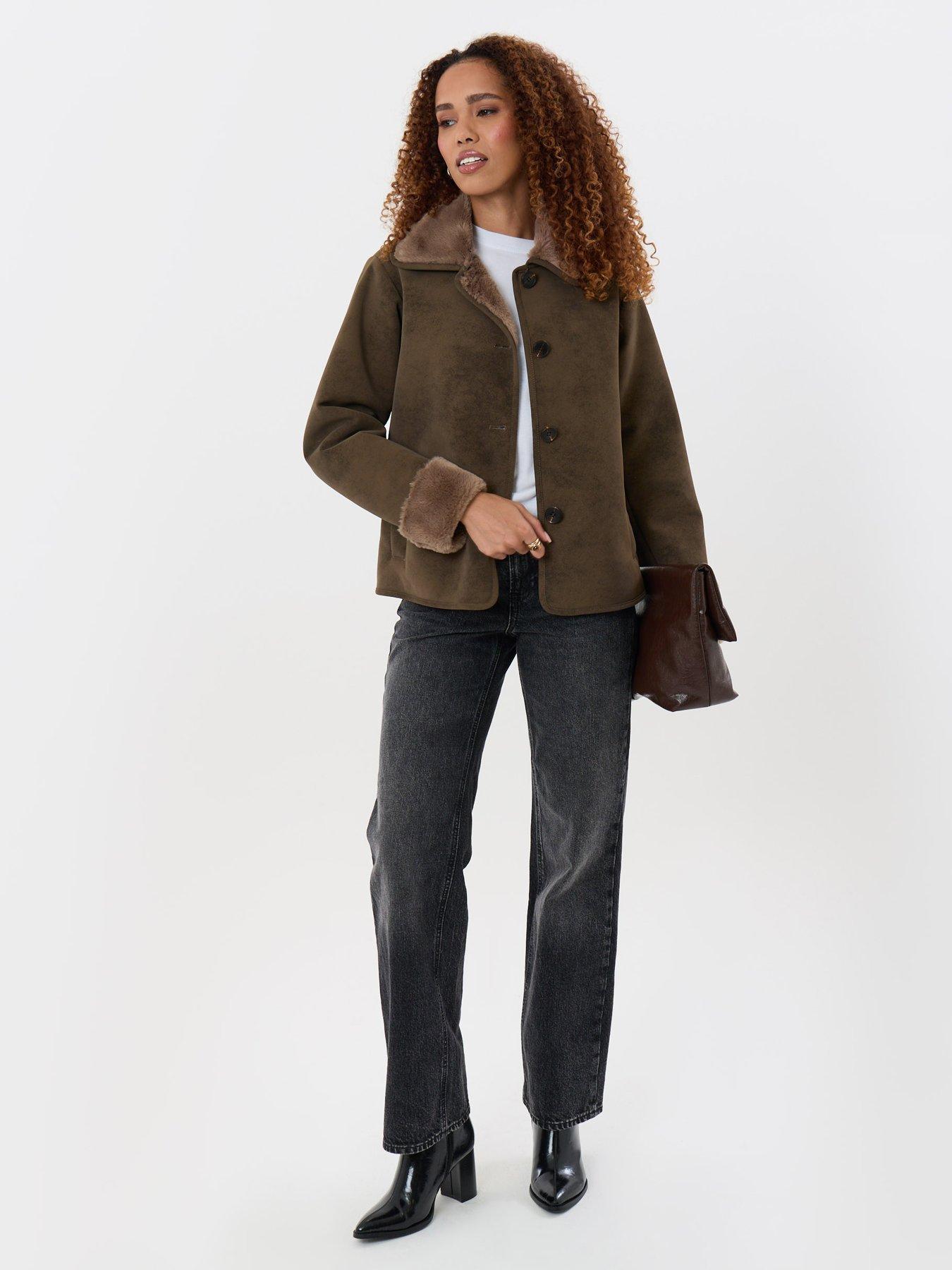 Image 3 of 4 of Threadbare Faux Suede Shacket With Collar In Mink Brown