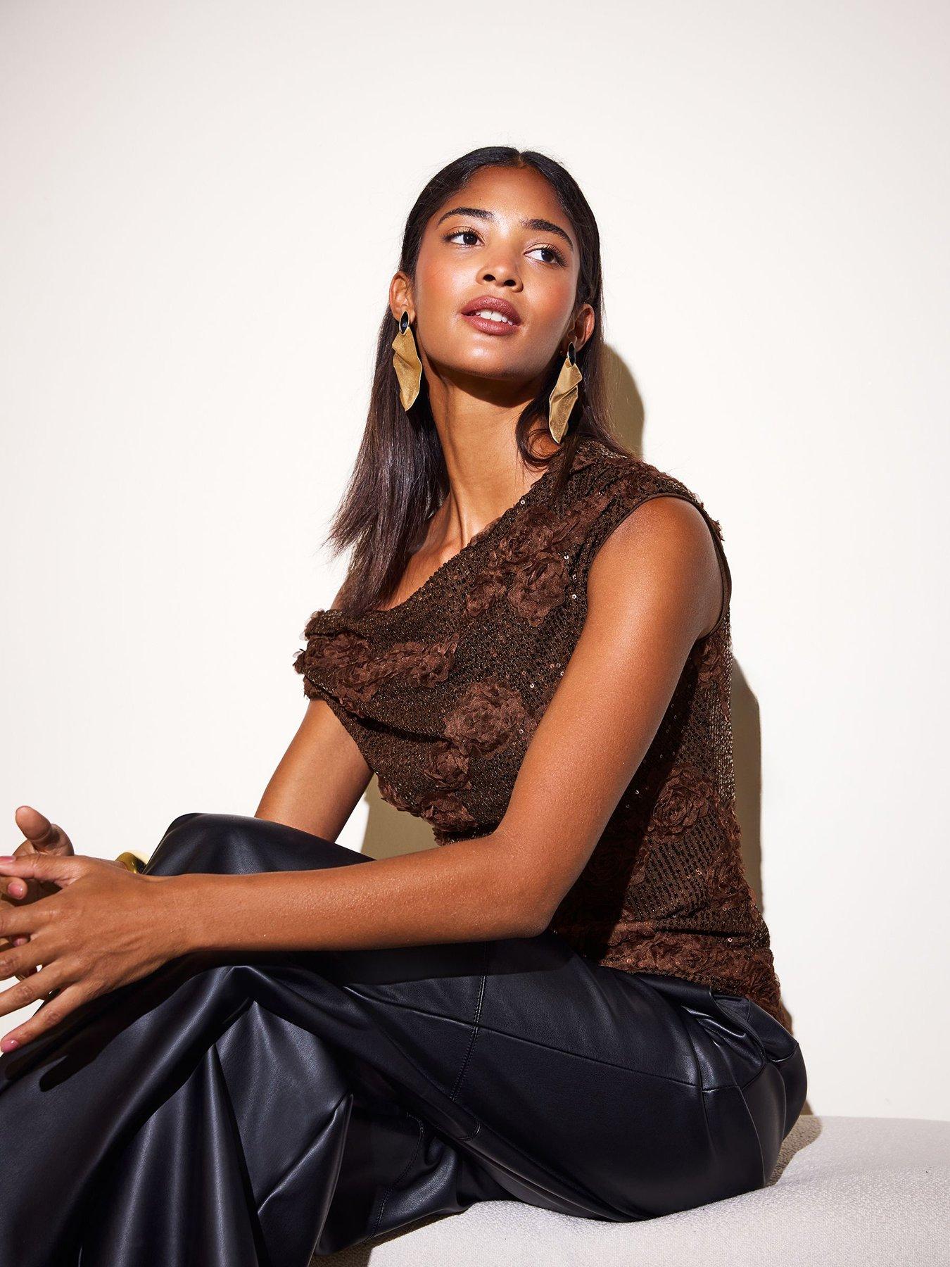 Image 2 of 6 of Friends Like These Womens Off-Shoulder Sequin Floral Top - Brown