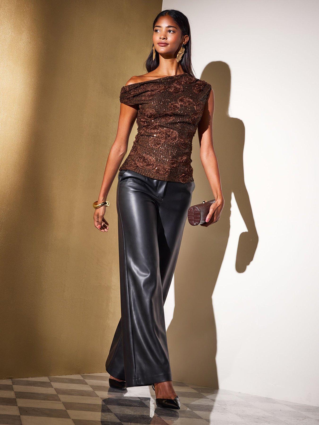 Image 6 of 6 of Friends Like These Womens Off-Shoulder Sequin Floral Top - Brown