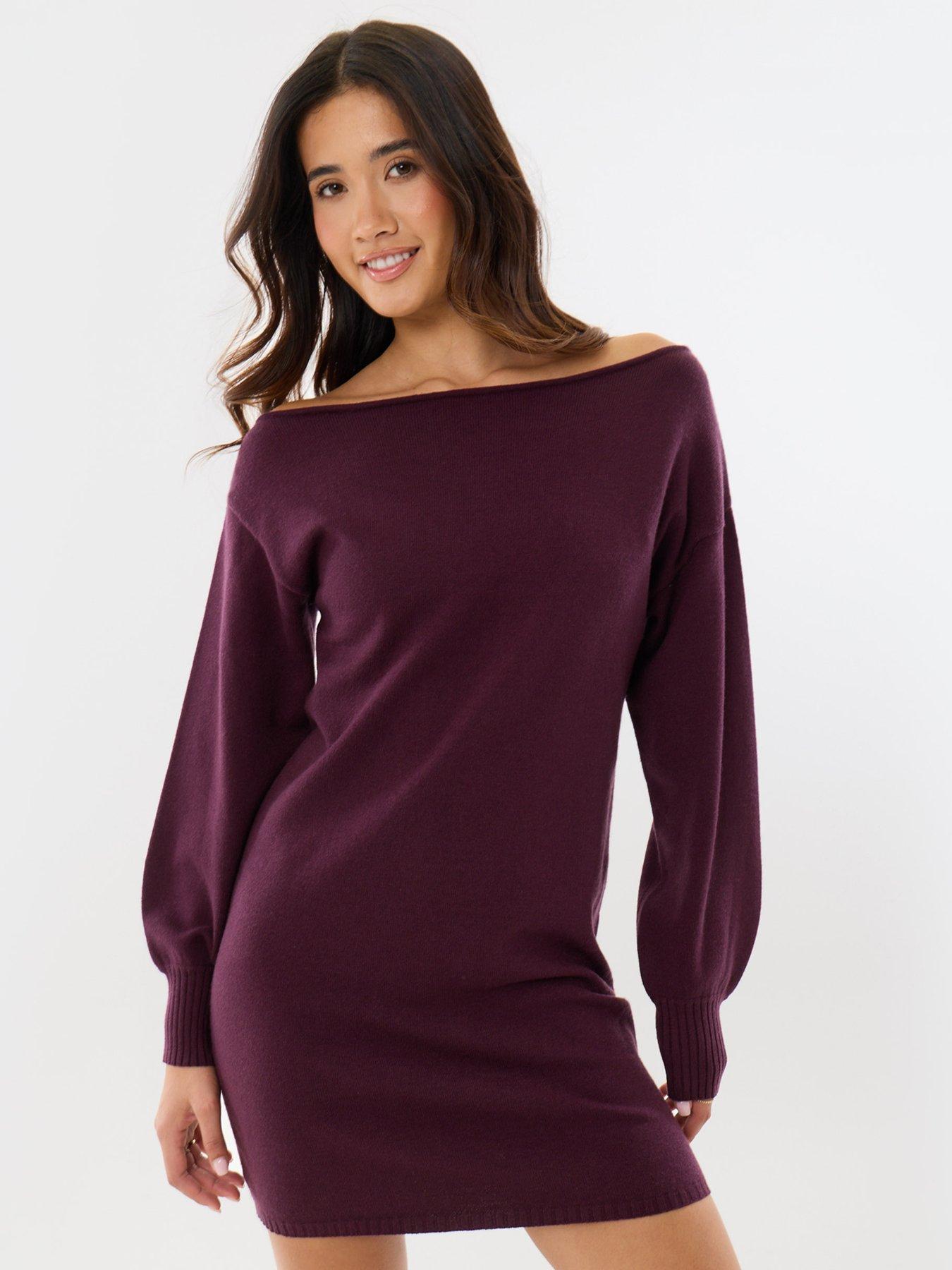 Image 1 of 4 of Threadbare Slash Neck Mini Jumper Dress In Plum