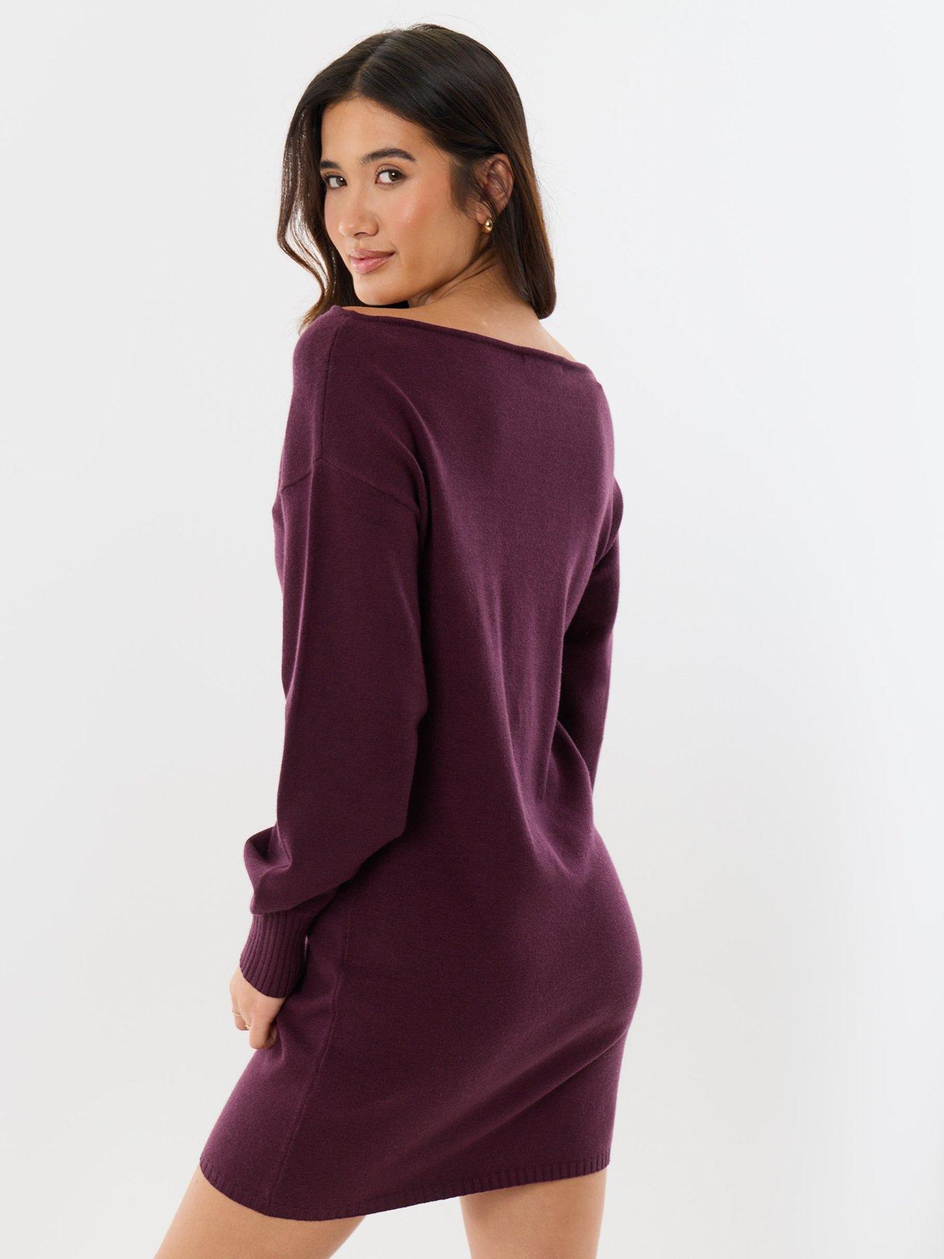 Image 2 of 4 of Threadbare Slash Neck Mini Jumper Dress In Plum