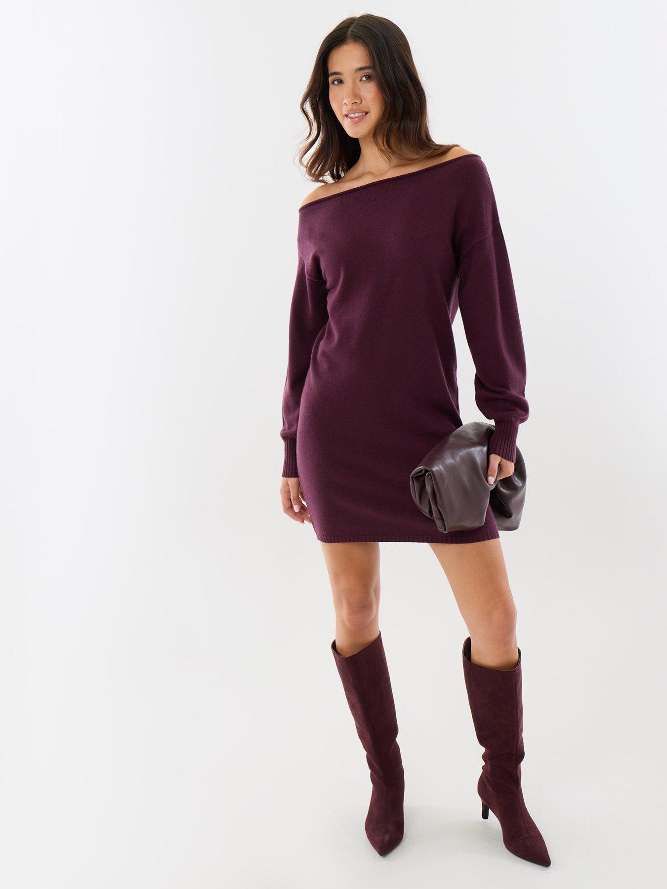 Image 3 of 4 of Threadbare Slash Neck Mini Jumper Dress In Plum