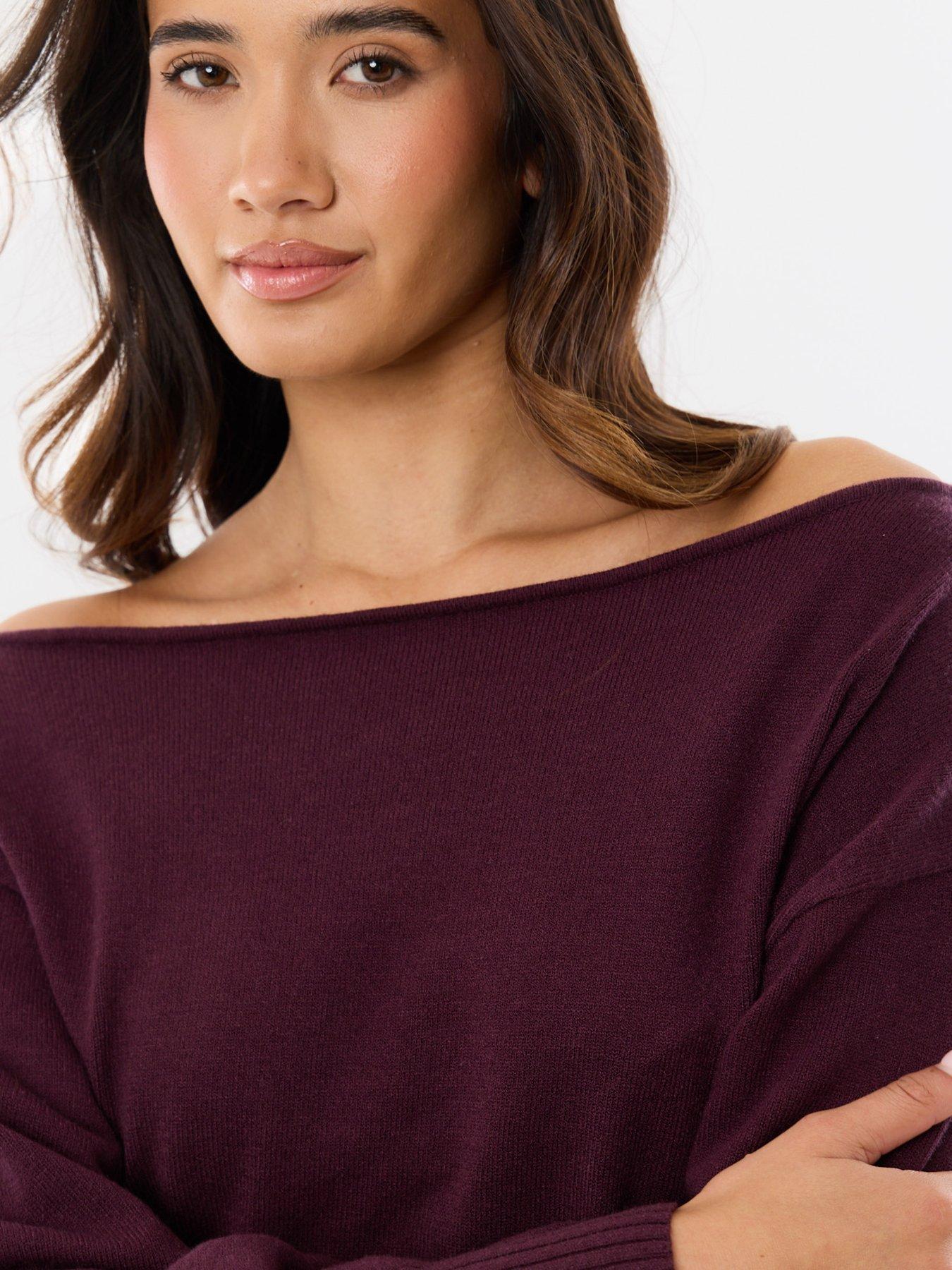 Image 4 of 4 of Threadbare Slash Neck Mini Jumper Dress In Plum