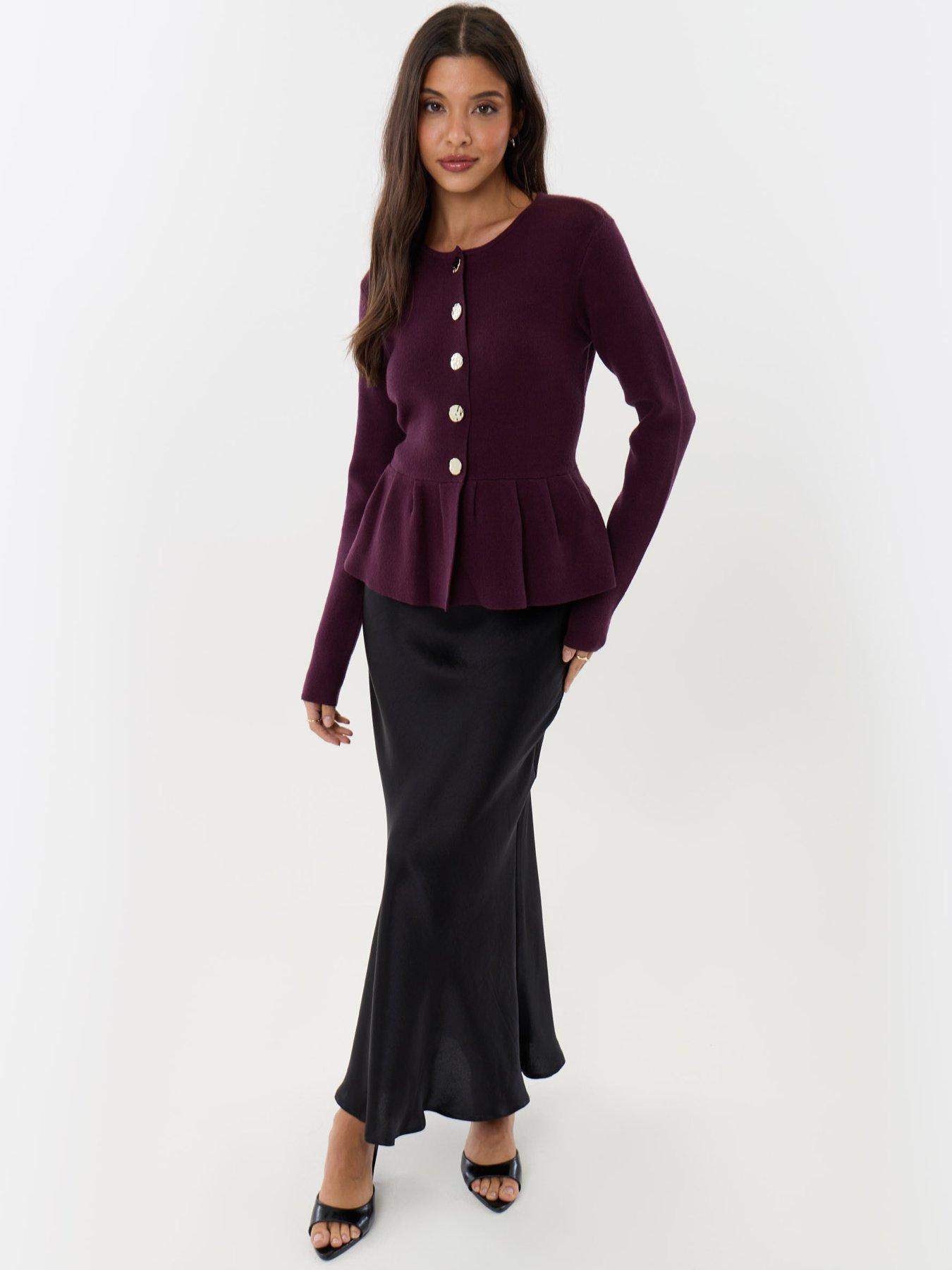 Image 3 of 4 of Threadbare Crew Neck Peplum Cardigan In Plum
