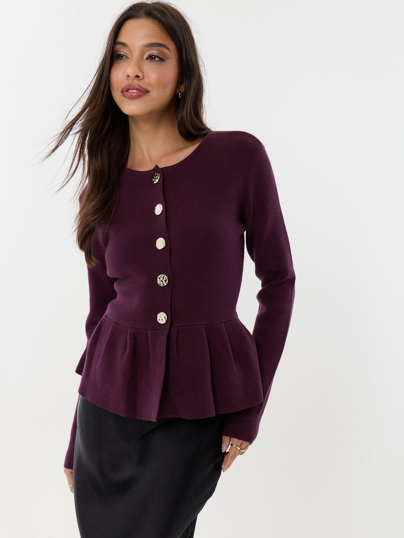 Image 4 of 4 of Threadbare Crew Neck Peplum Cardigan In Plum