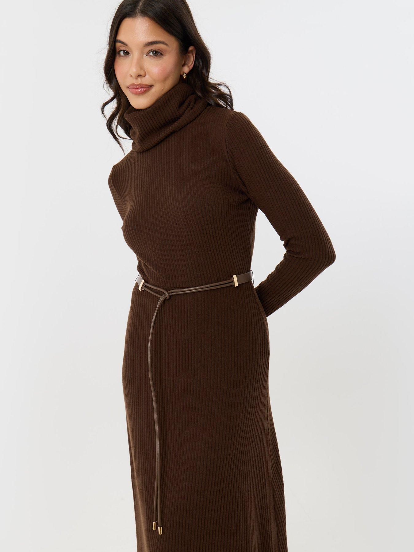 Image 4 of 4 of Threadbare Ribbed Roll Neck Maxi Dress With Belt In Chocolate Brown