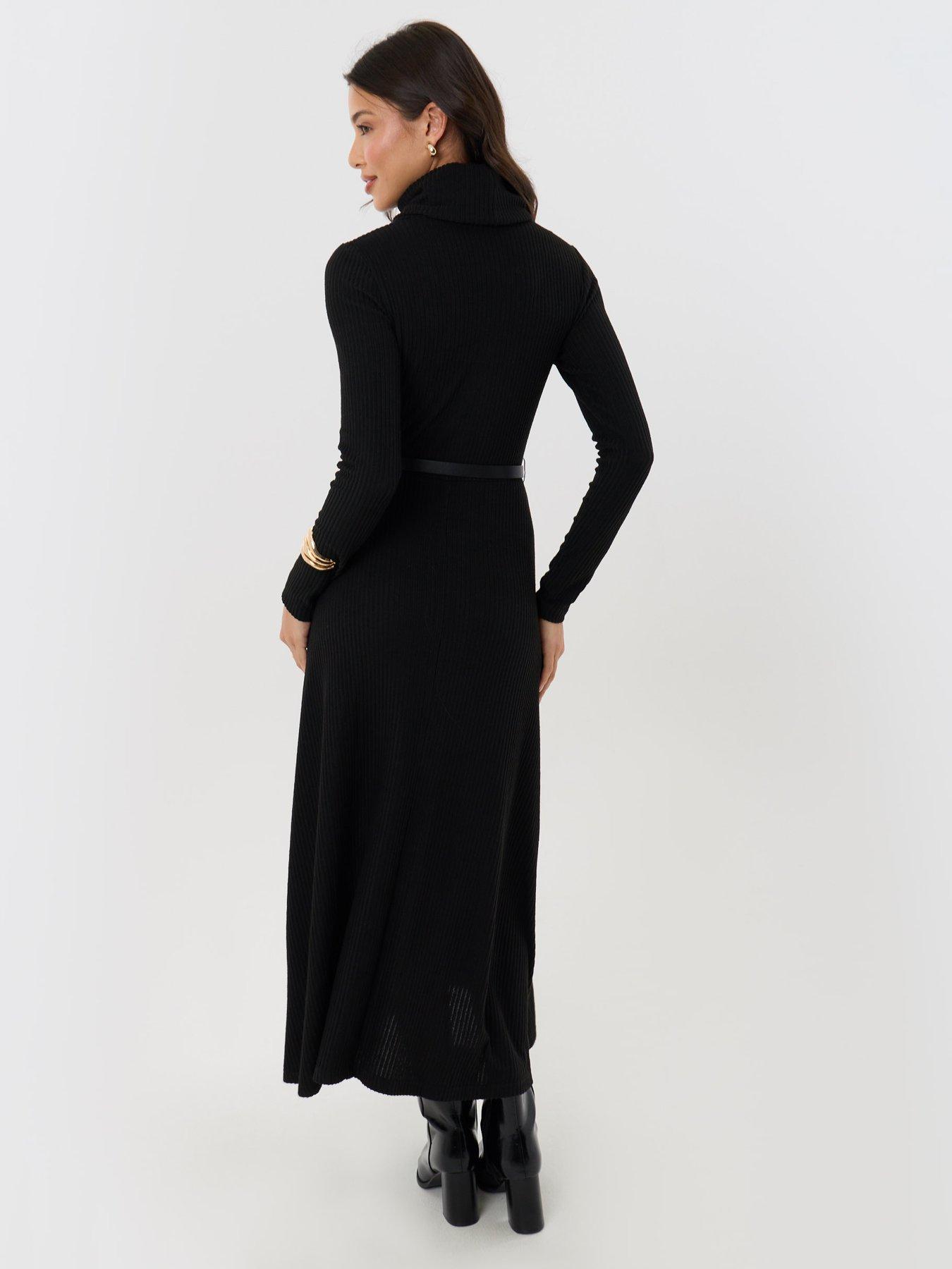 Image 2 of 4 of Threadbare Ribbed Roll Neck Maxi Dress With Belt In Black