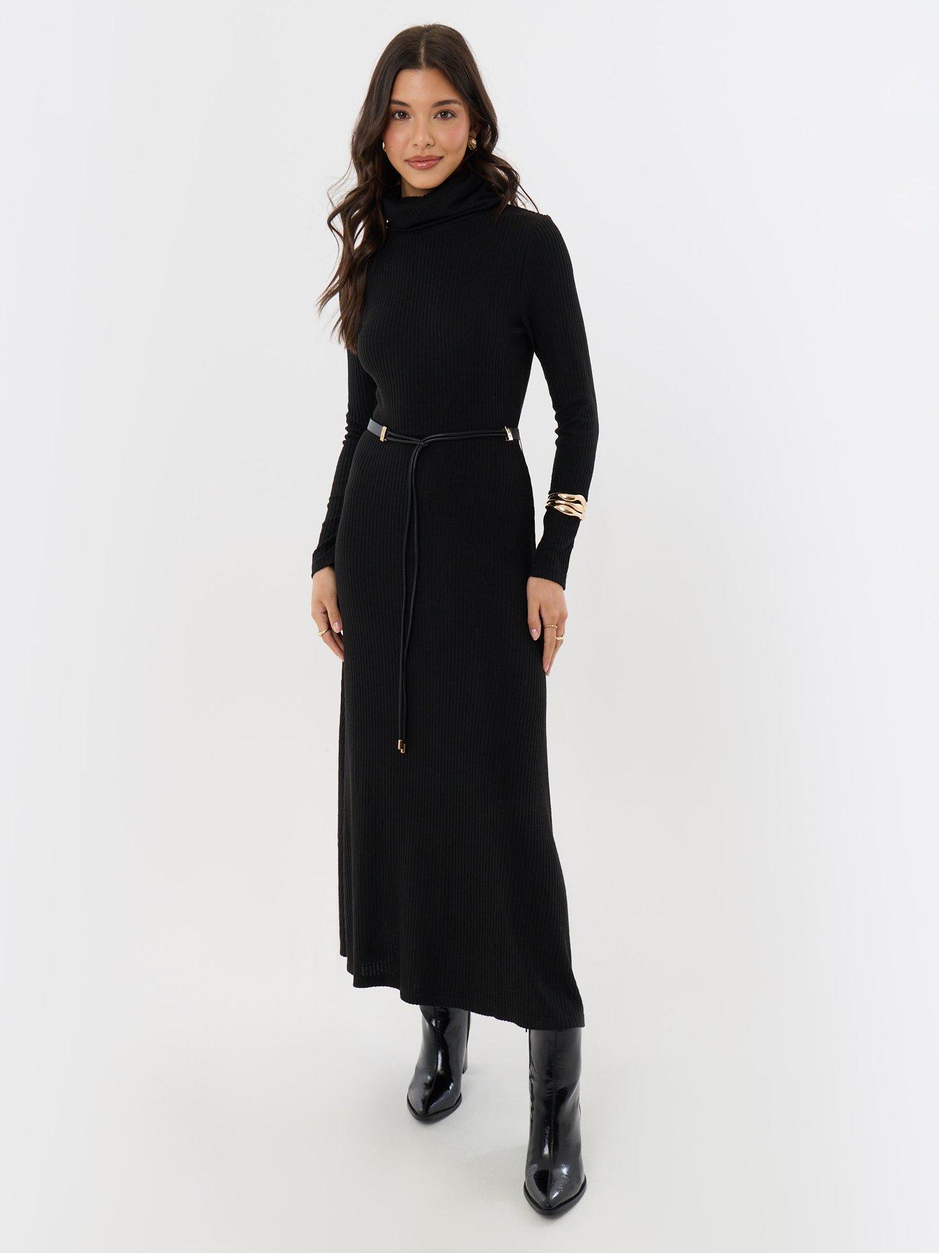 Image 3 of 4 of Threadbare Ribbed Roll Neck Maxi Dress With Belt In Black
