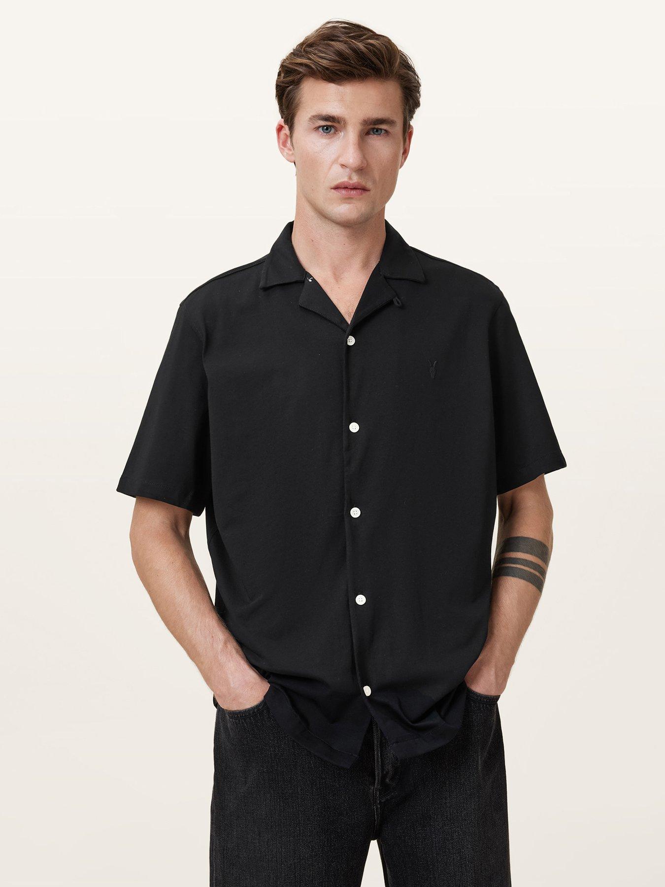 Image 1 of 6 of AllSaints Mens Relaxed Fit Button Through Short Sleeve Shirt - Black
