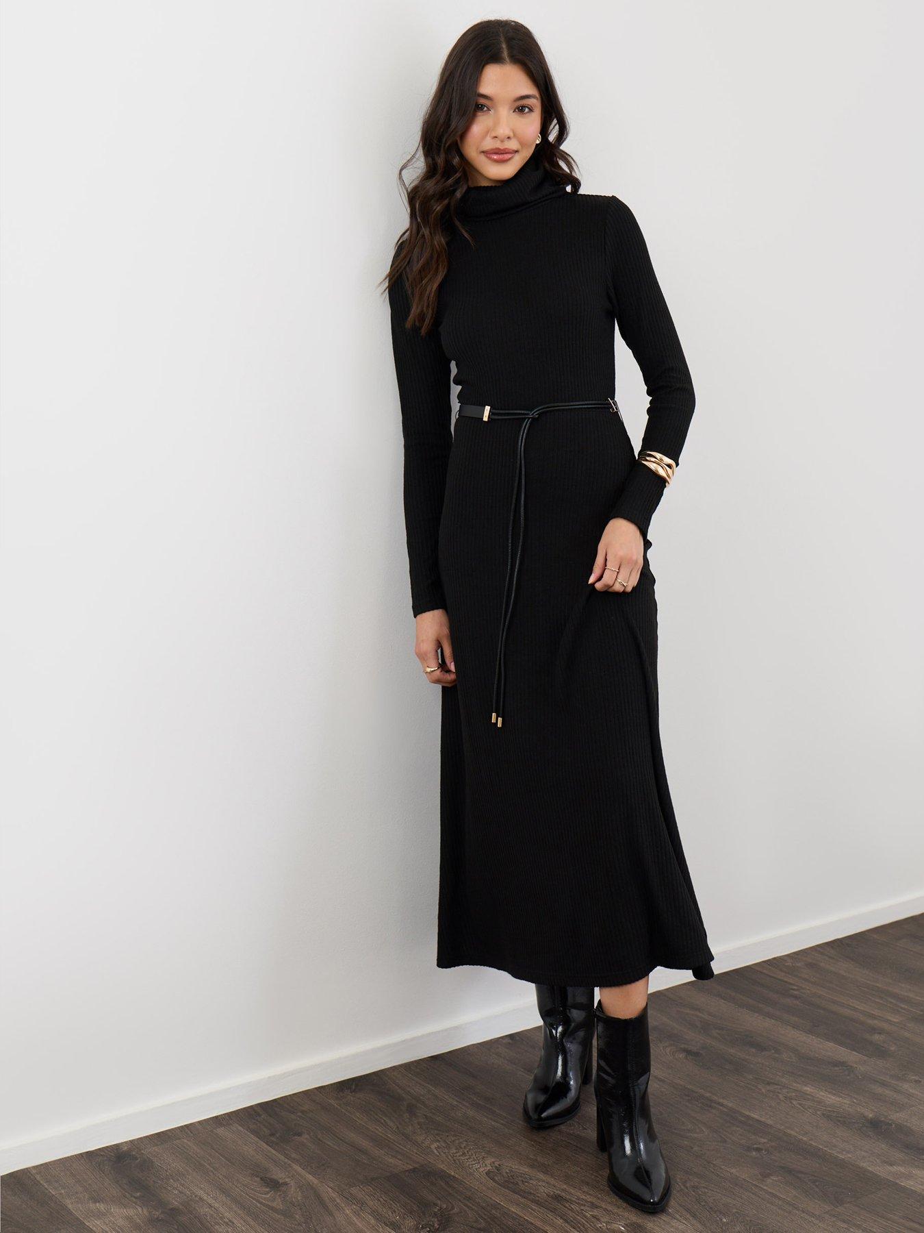 Image 1 of 4 of Threadbare Petite Ribbed Roll Neck Maxi Dress With Belt In Black