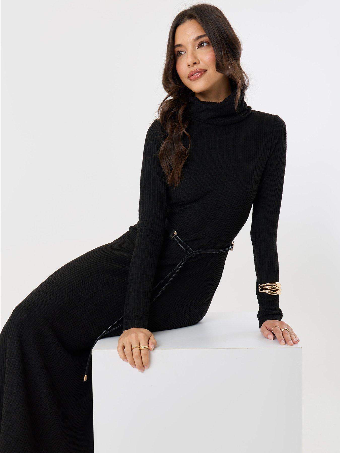 Image 4 of 4 of Threadbare Petite Ribbed Roll Neck Maxi Dress With Belt In Black
