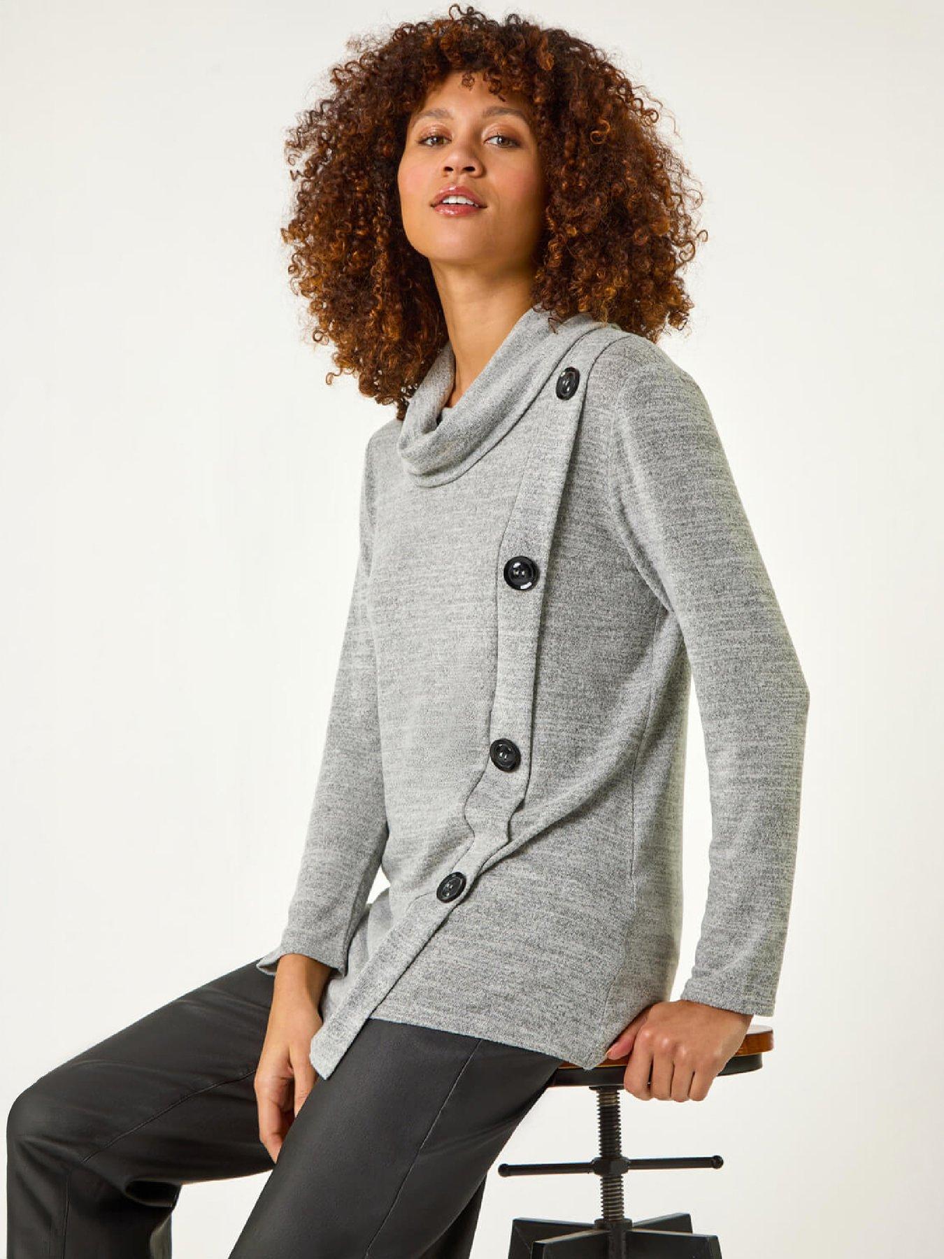 Image 1 of 4 of Roman Cowl Neck Button Stretch Top - Grey