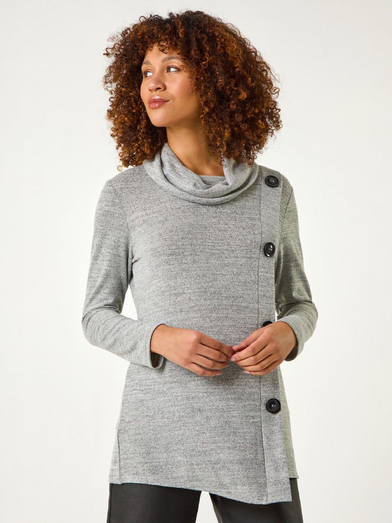 Image 2 of 4 of Roman Cowl Neck Button Stretch Top - Grey