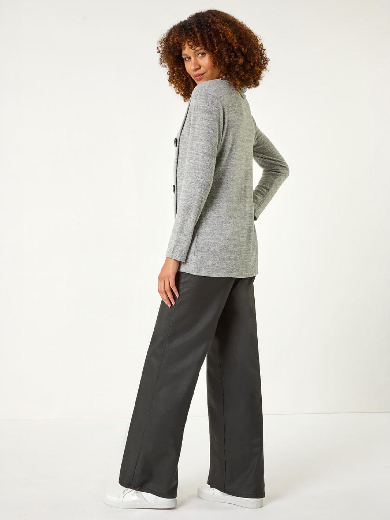 Image 3 of 4 of Roman Cowl Neck Button Stretch Top - Grey
