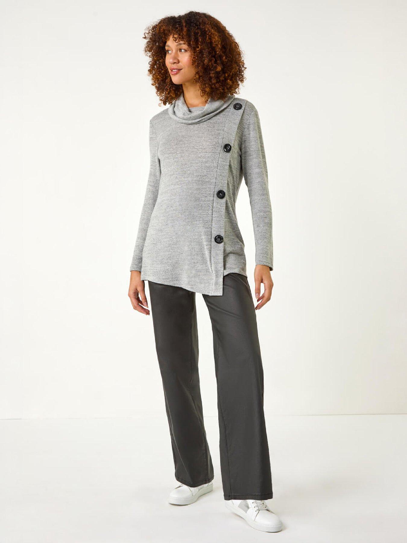 Image 4 of 4 of Roman Cowl Neck Button Stretch Top - Grey