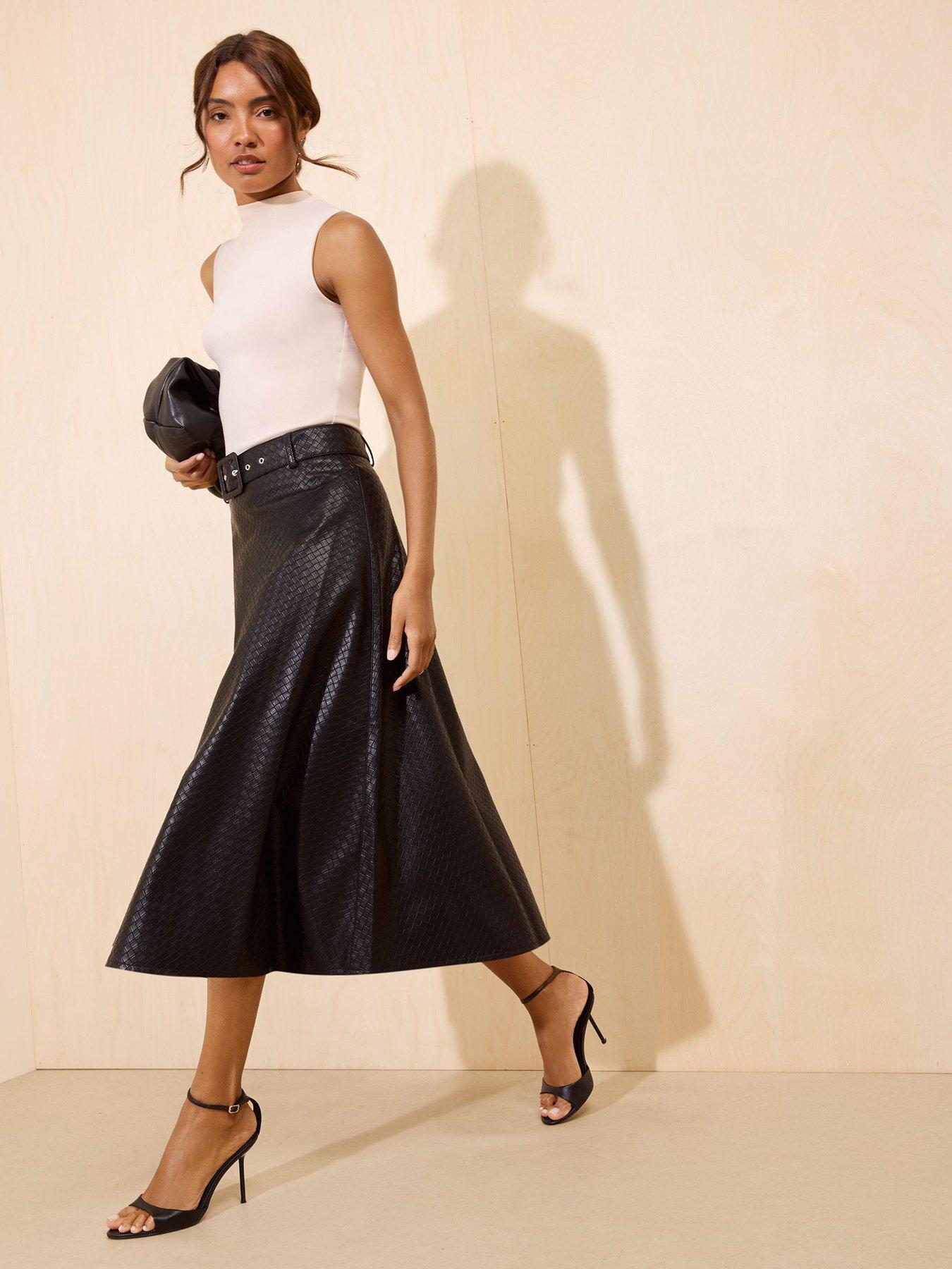 Image 6 of 6 of Friends Like These Pu Skirt Midi Full Hem Belted Weave
