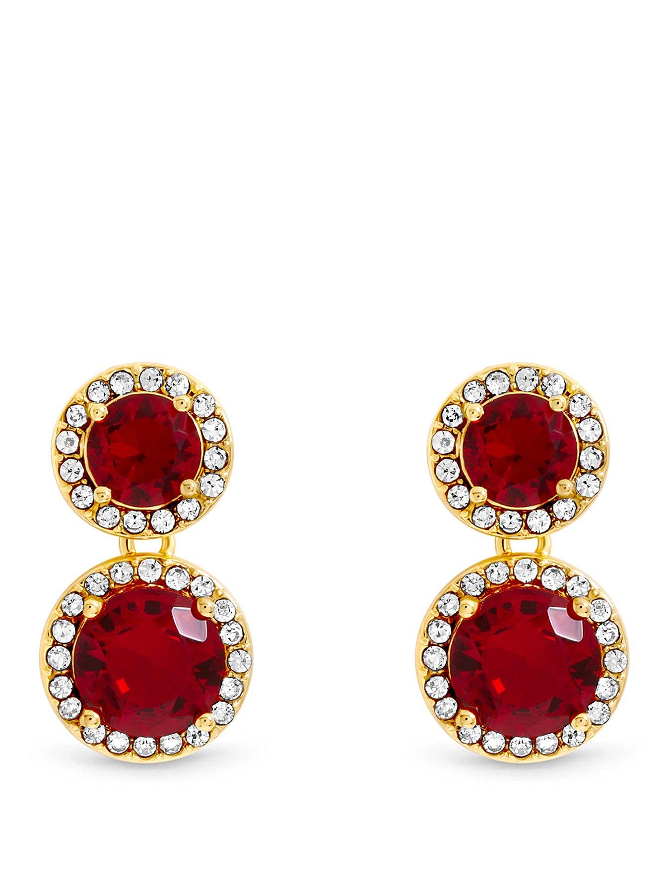 Image 1 of 1 of Jon Richard Jon Richard Gold Plated Cubic Zirconia Ruby Double Halo Drop Earrings