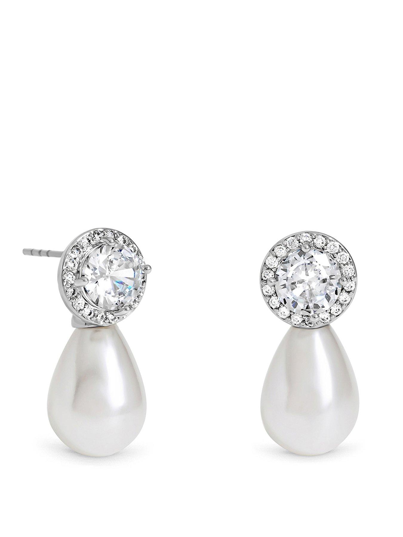 Image 1 of 1 of Jon Richard Rhodium Plated Pearl And Crystal Halo Drop Earrings