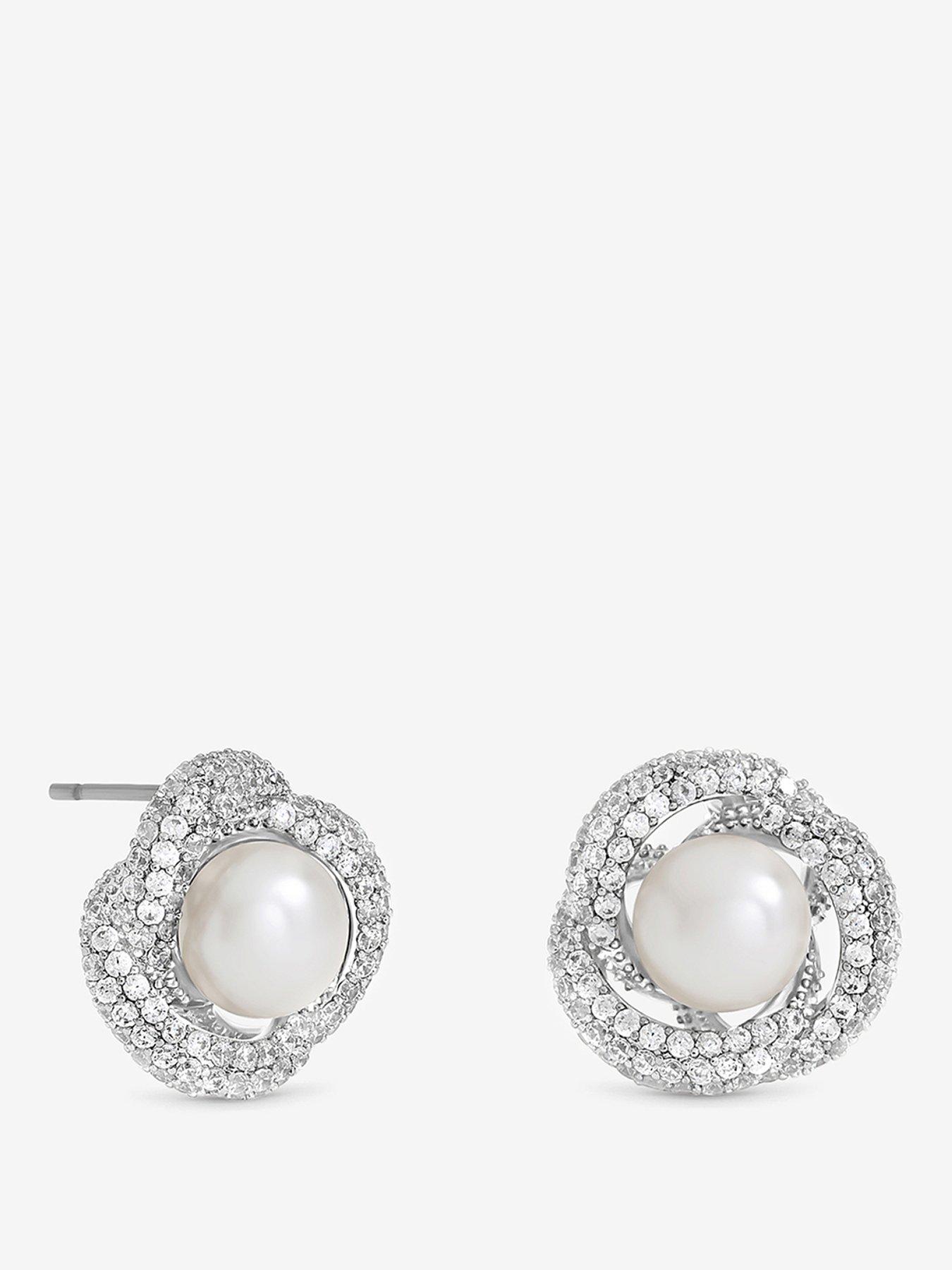 Jon Richard Rhodium Plated Pearl And Pave Knot Stud Earrings