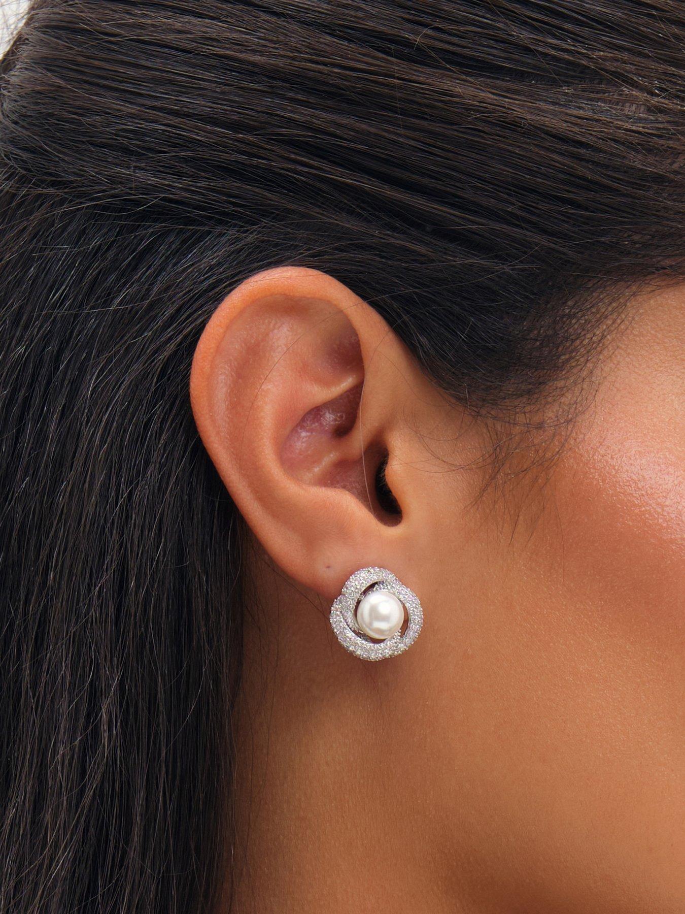 Image 2 of 3 of Jon Richard Rhodium Plated Pearl And Pave Knot Stud Earrings