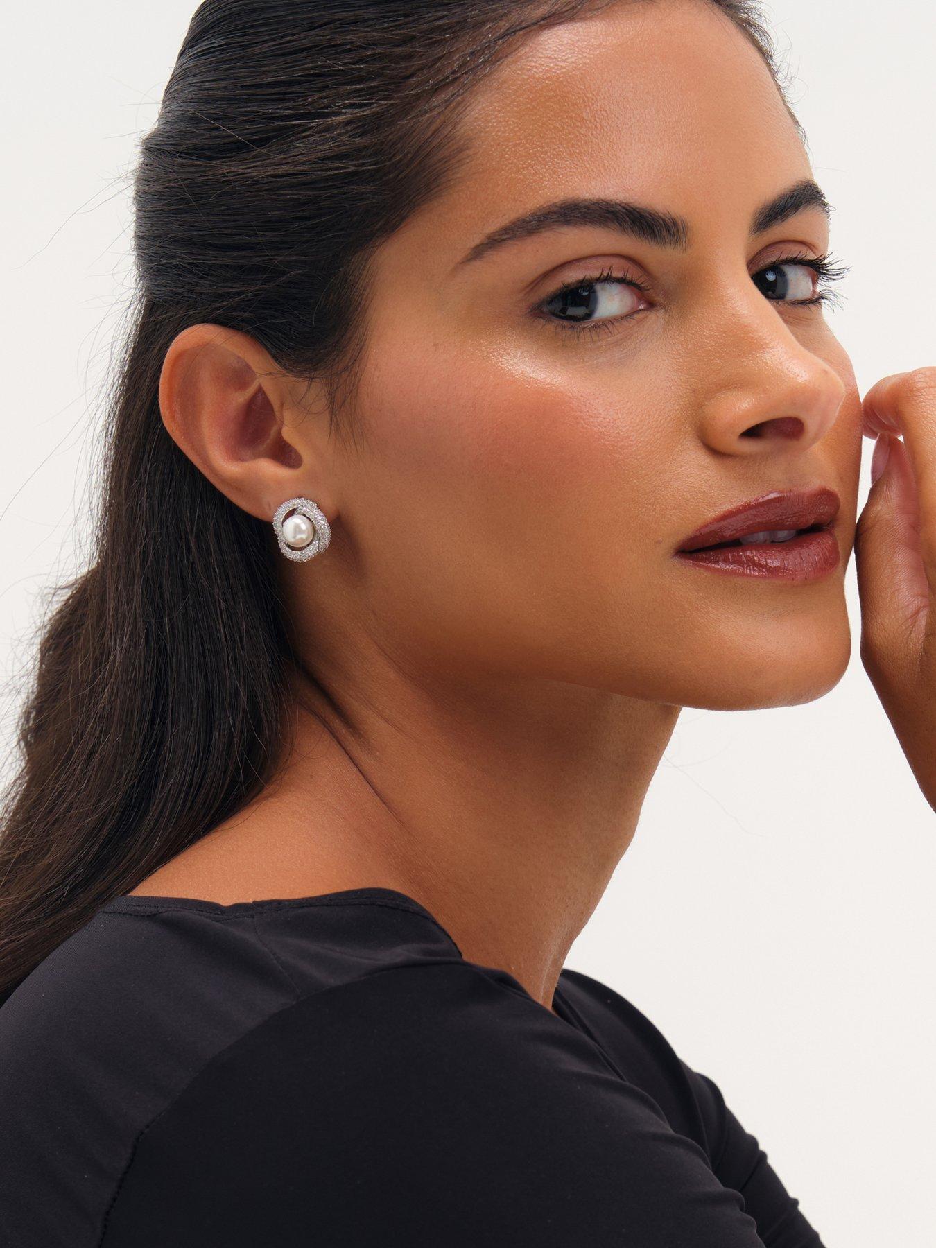 Image 3 of 3 of Jon Richard Rhodium Plated Pearl And Pave Knot Stud Earrings
