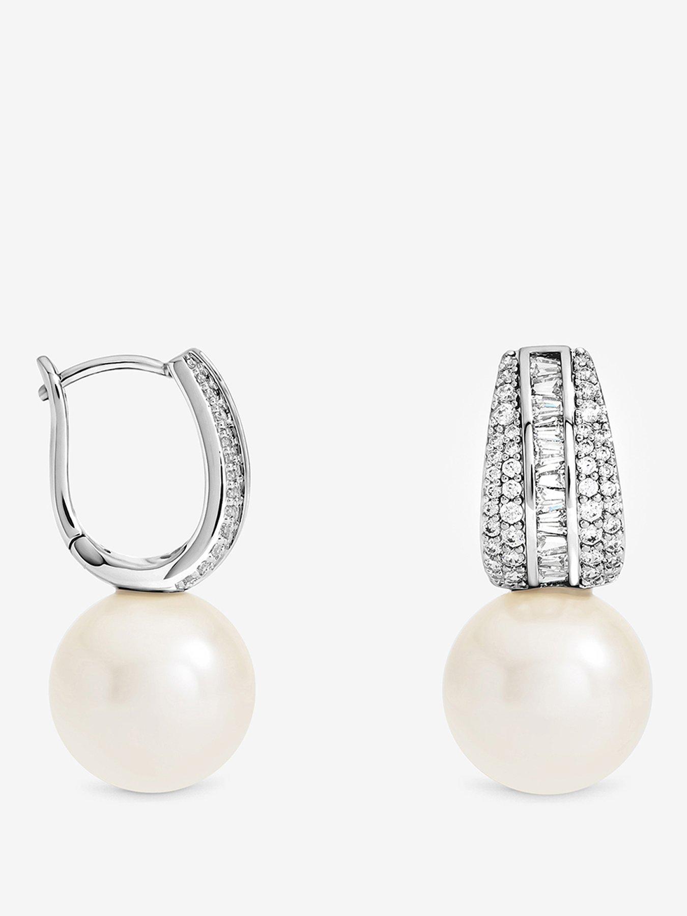 Jon Richard Rhodium Plated Pearl And Pave Drop Hoop Earrings
