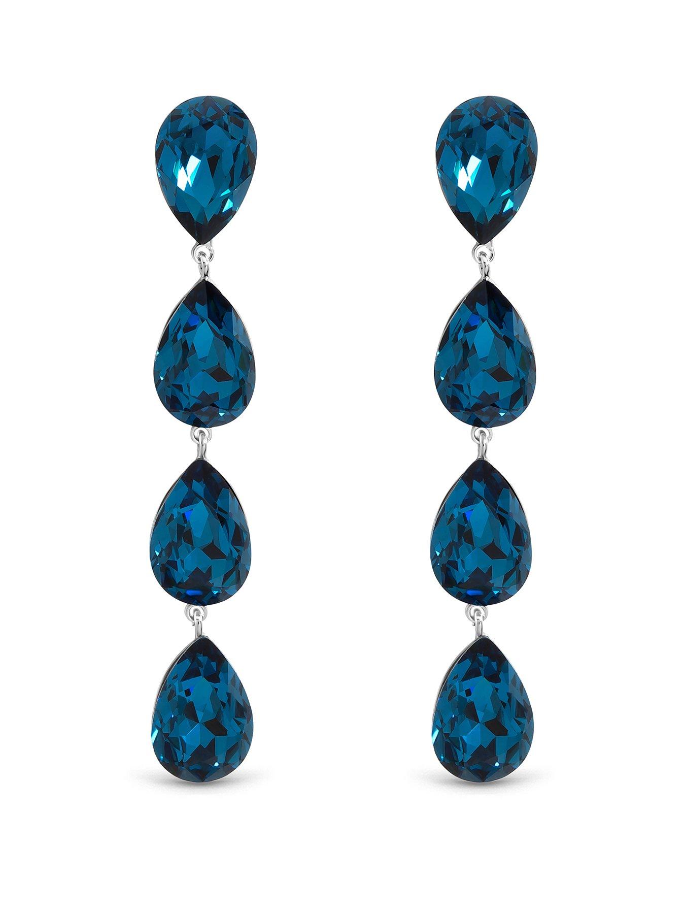 Jon Richard Jon Richard Rhodium Plated Sapphire Linear Pear Drop Earrings