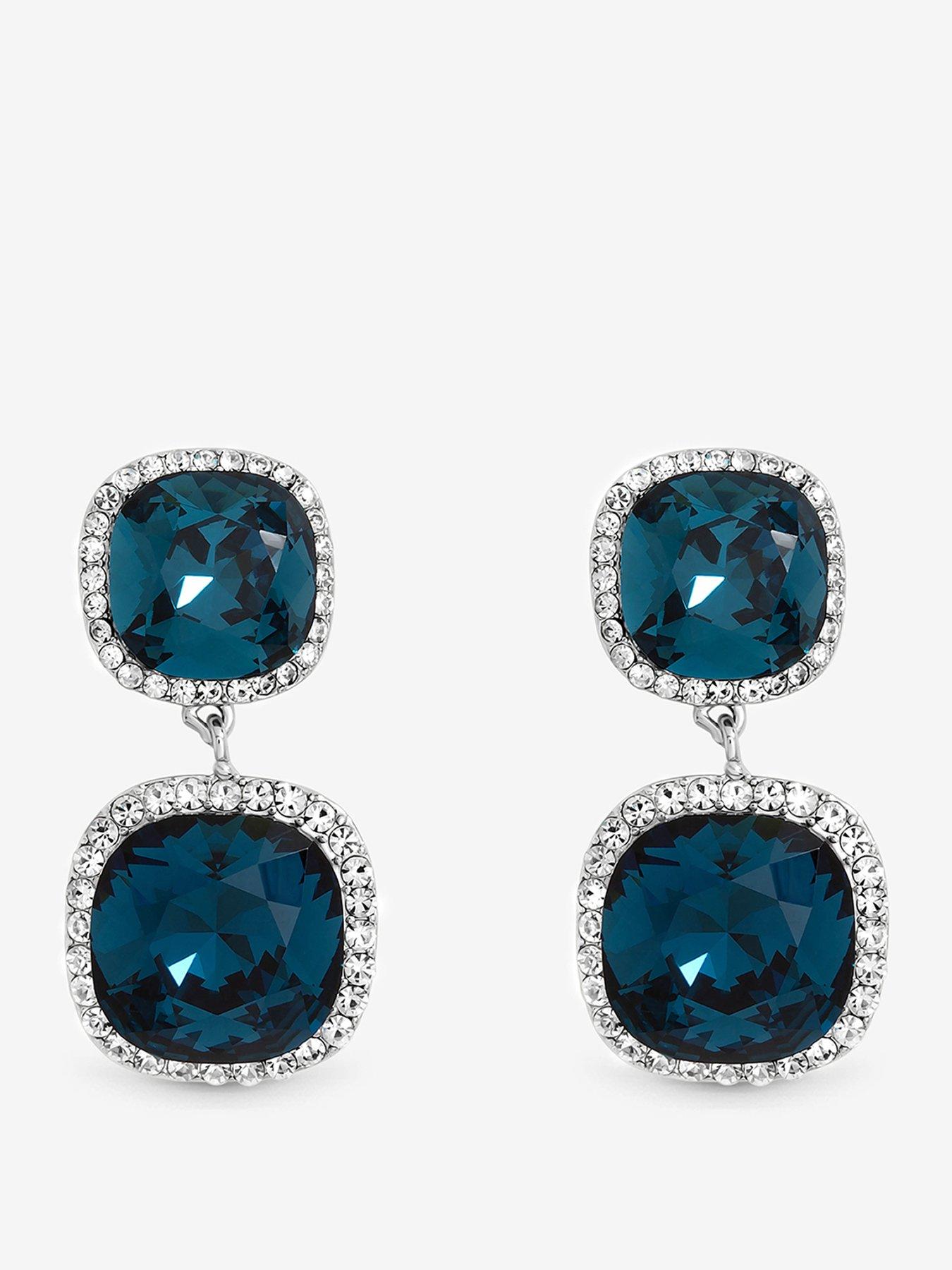 Jon Richard Rhodium Plated And Sapphire Double Drop Halo Earrings