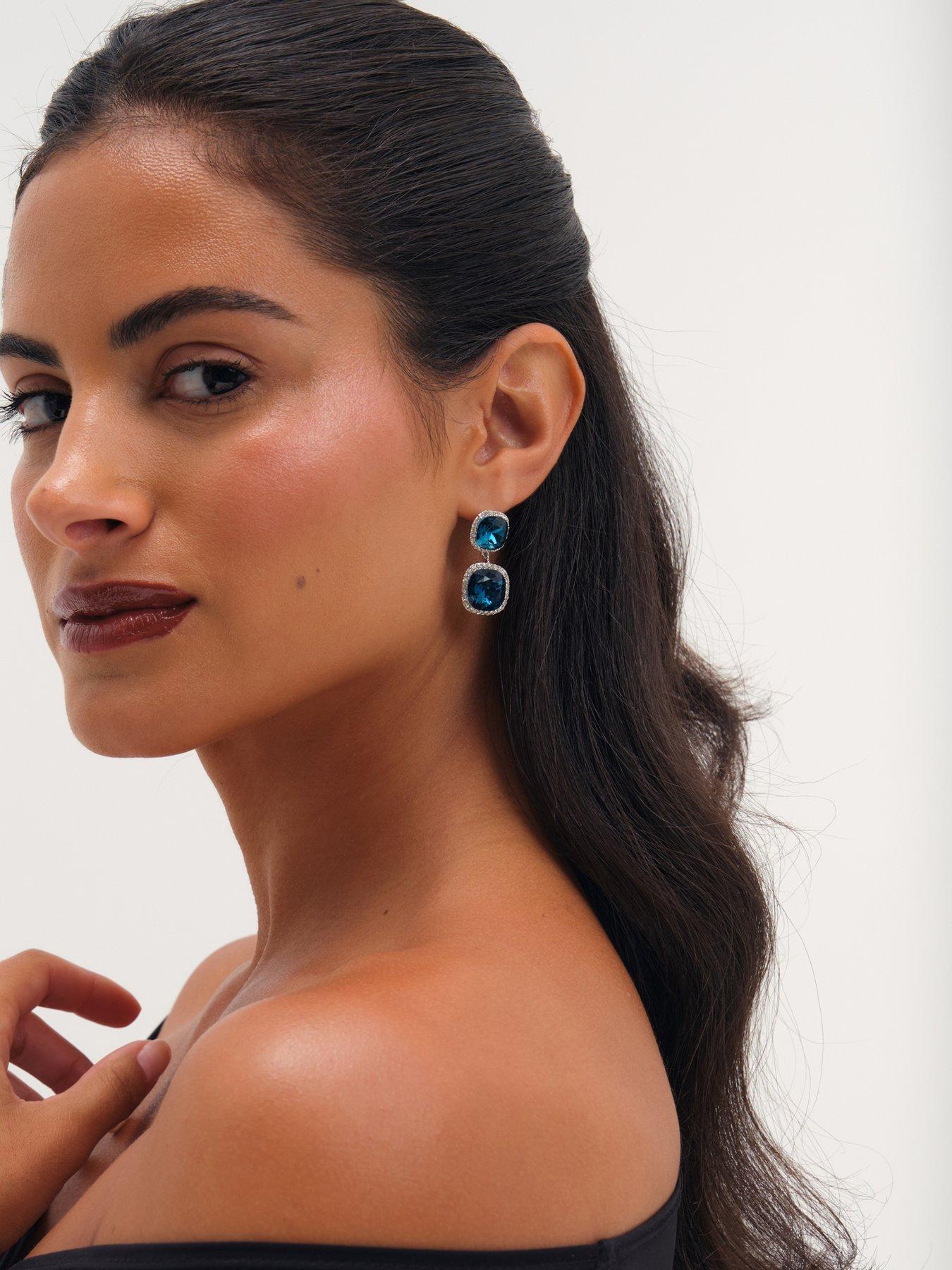 Image 2 of 3 of Jon Richard Jon Richard Rhodium Plated And Sapphire Double Drop Halo Earrings