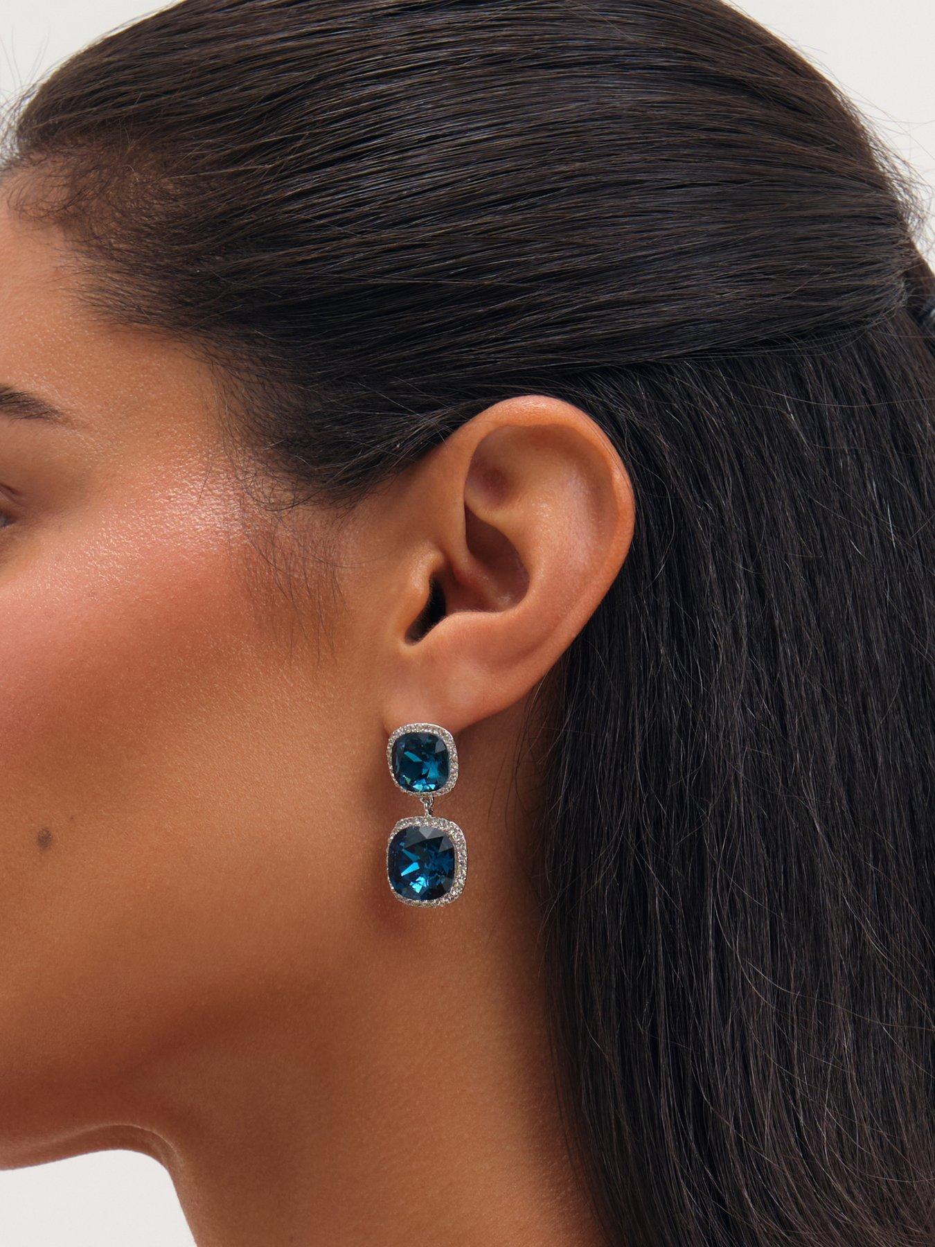 Image 3 of 3 of Jon Richard Jon Richard Rhodium Plated And Sapphire Double Drop Halo Earrings