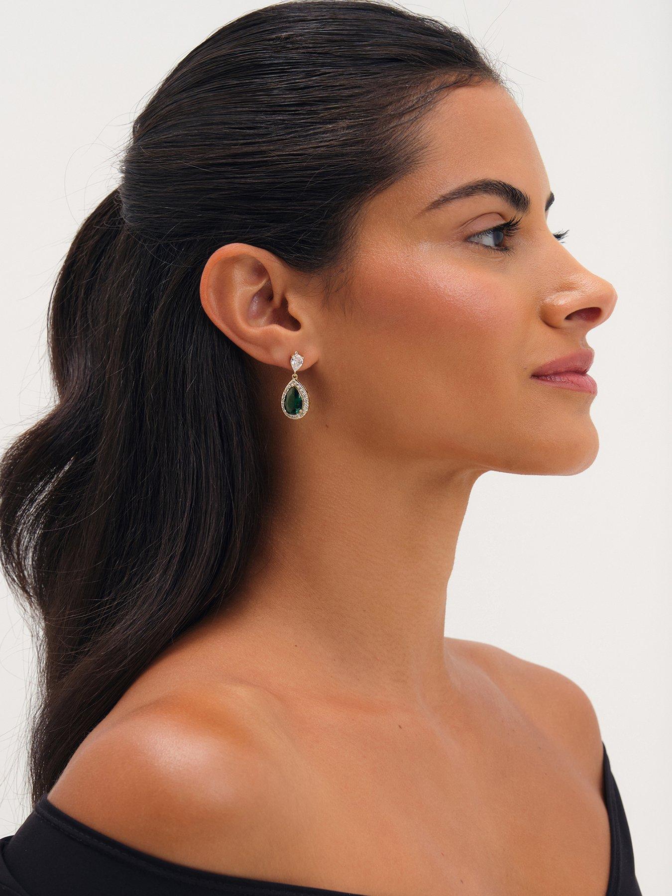 Jon Richard Gold Plated Cubic Zirconia Emerald Pear Drop Earrings