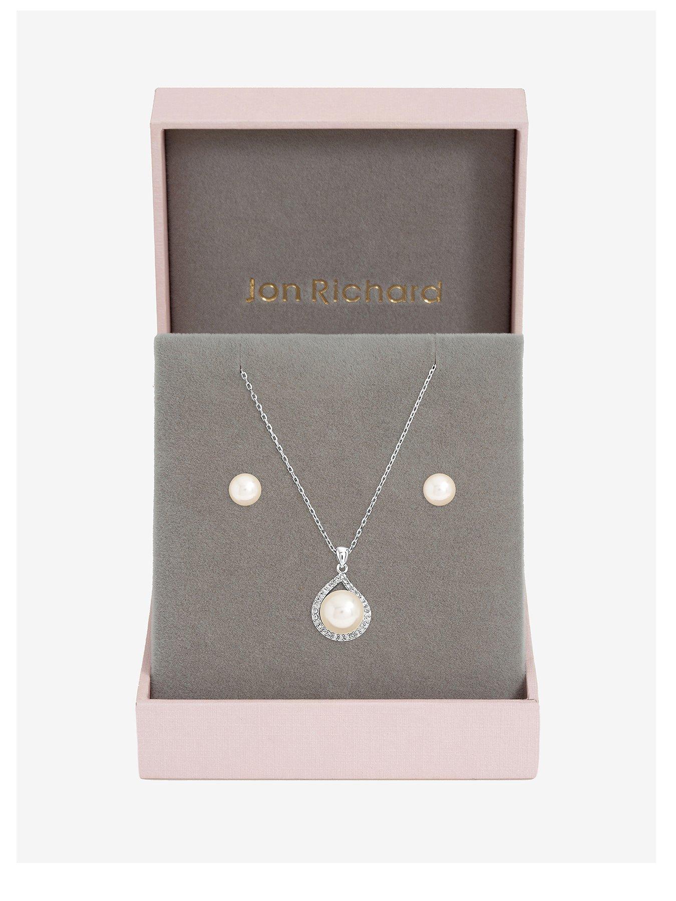 Jon Richard Rhodium Plated Crystal And Pearl Halo Box Set