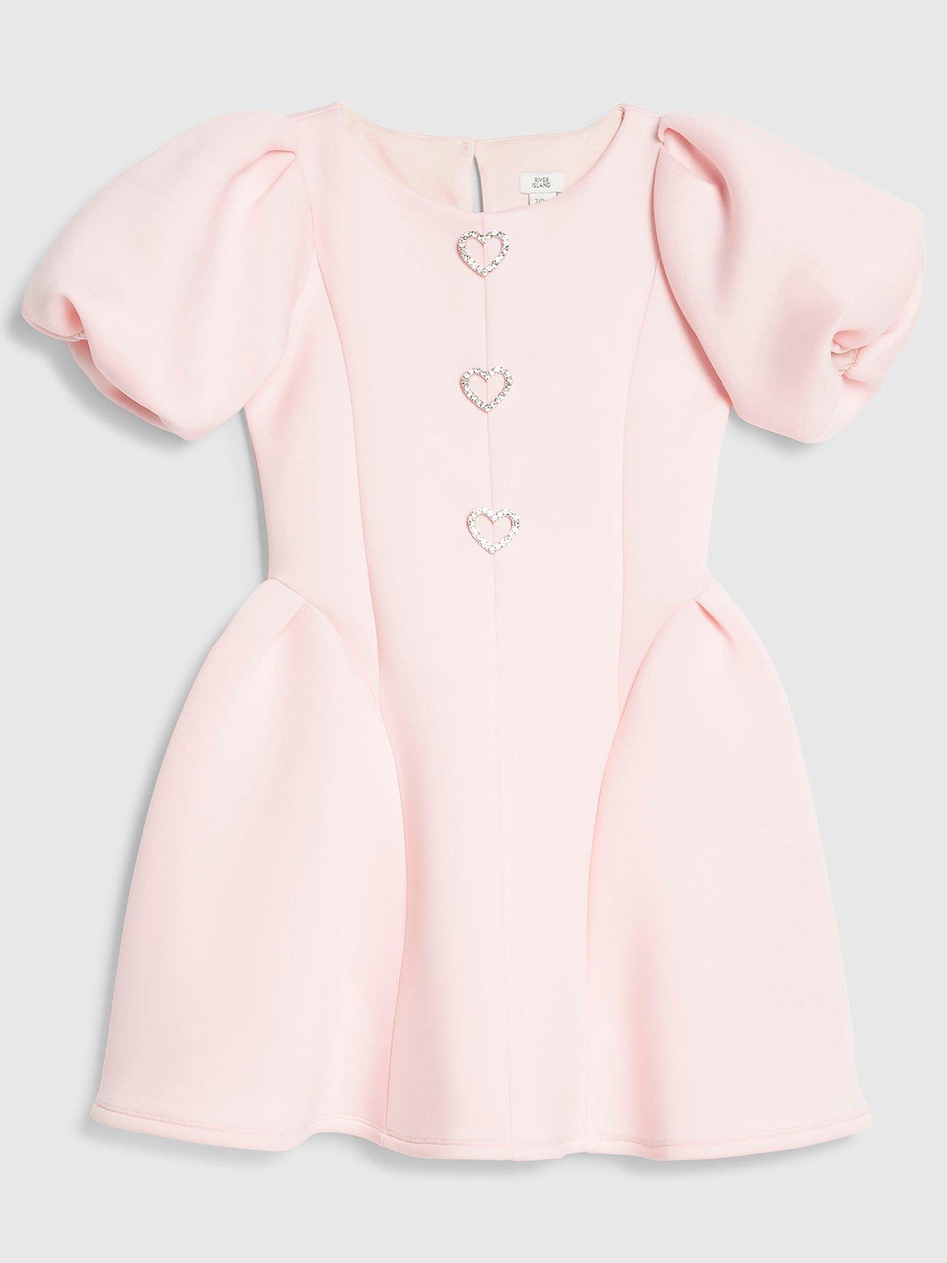 River Island Girls Premium Heart Sparkle Button Puff Sleeve Dress - Pink