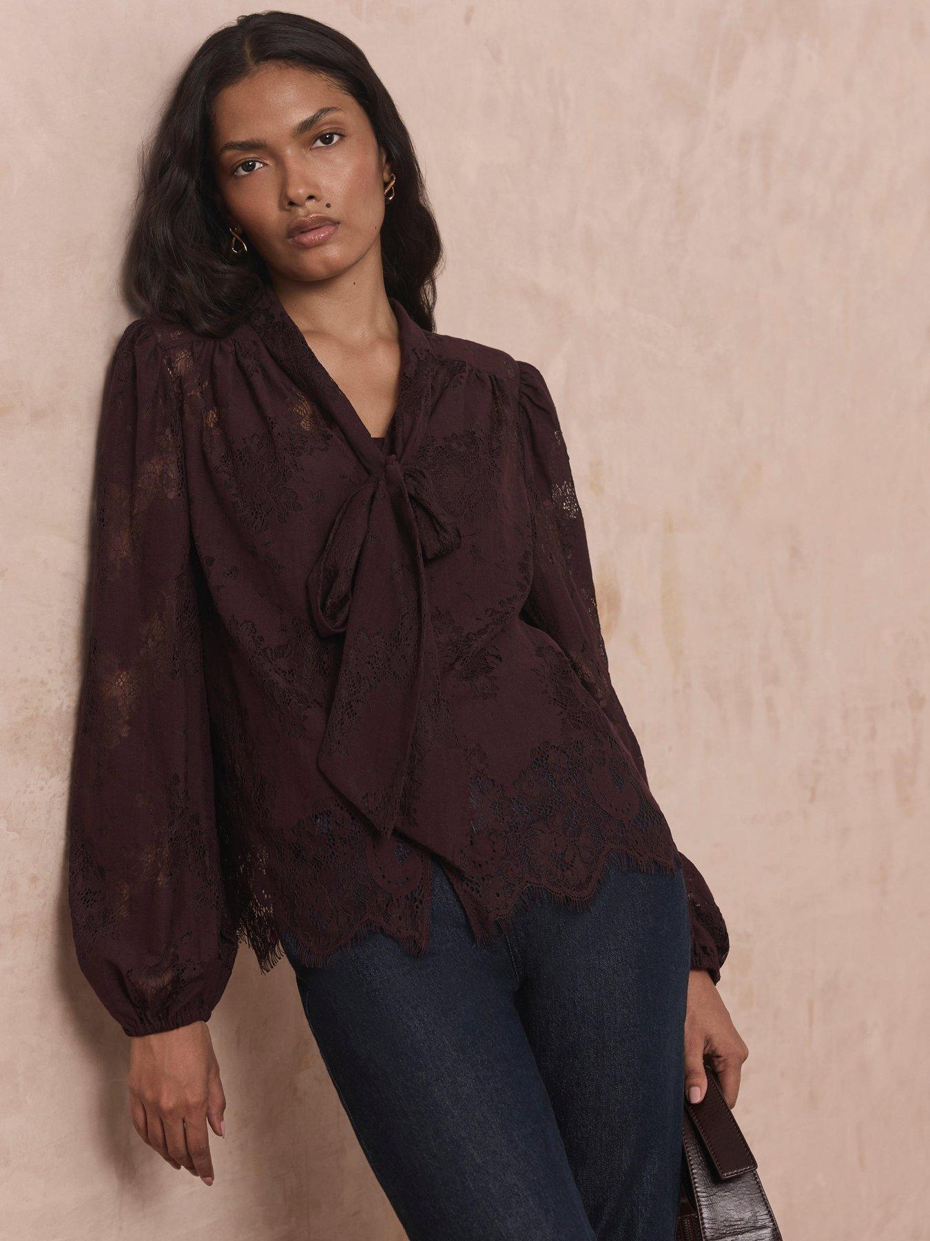 Image 1 of 6 of Mint Velvet Burgundy Lace Pussybow Blouse - Red