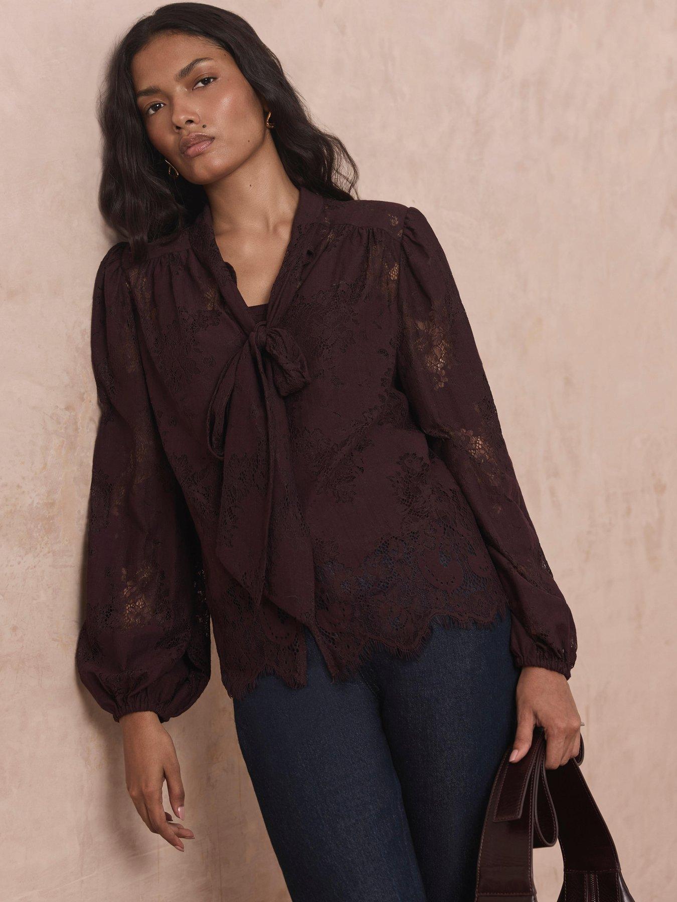 Image 2 of 6 of Mint Velvet Burgundy Lace Pussybow Blouse - Red