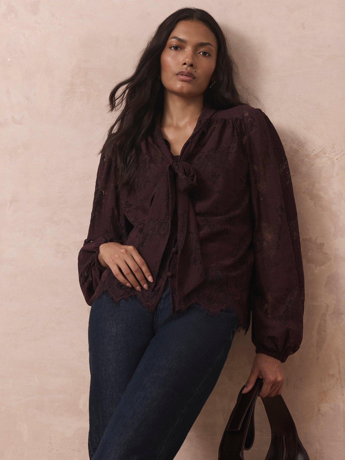 Image 4 of 6 of Mint Velvet Burgundy Lace Pussybow Blouse - Red