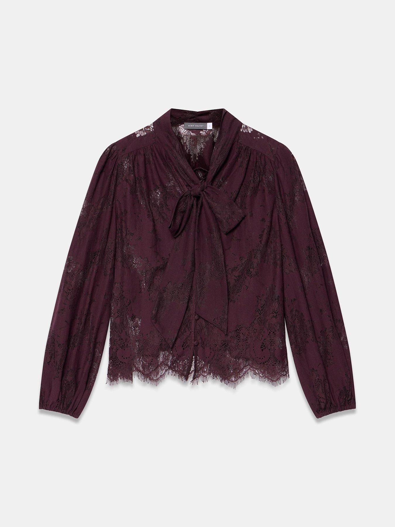 Image 5 of 6 of Mint Velvet Burgundy Lace Pussybow Blouse - Red