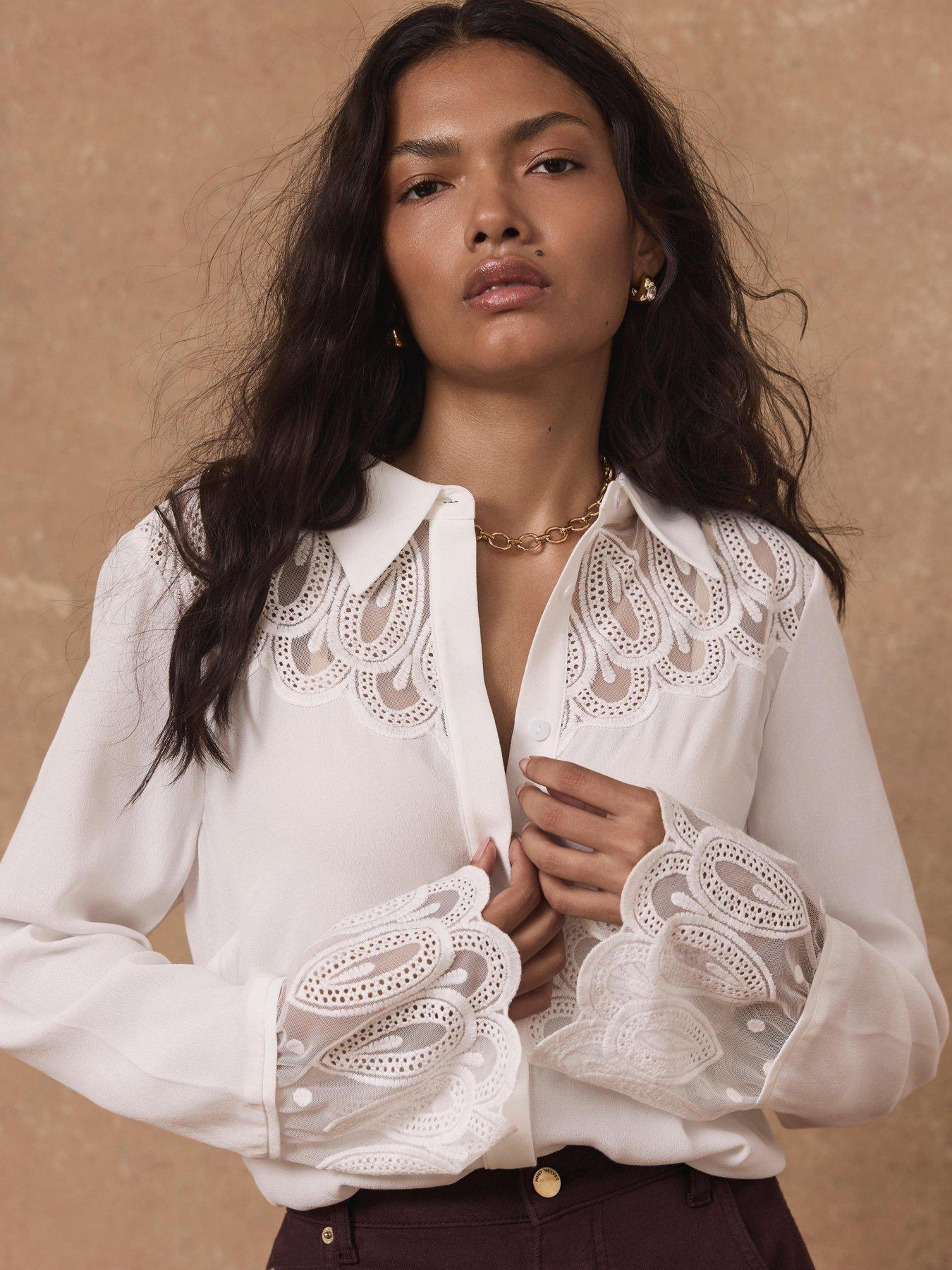 Mint Velvet Embroidered Lace Trim Blouse - Cream