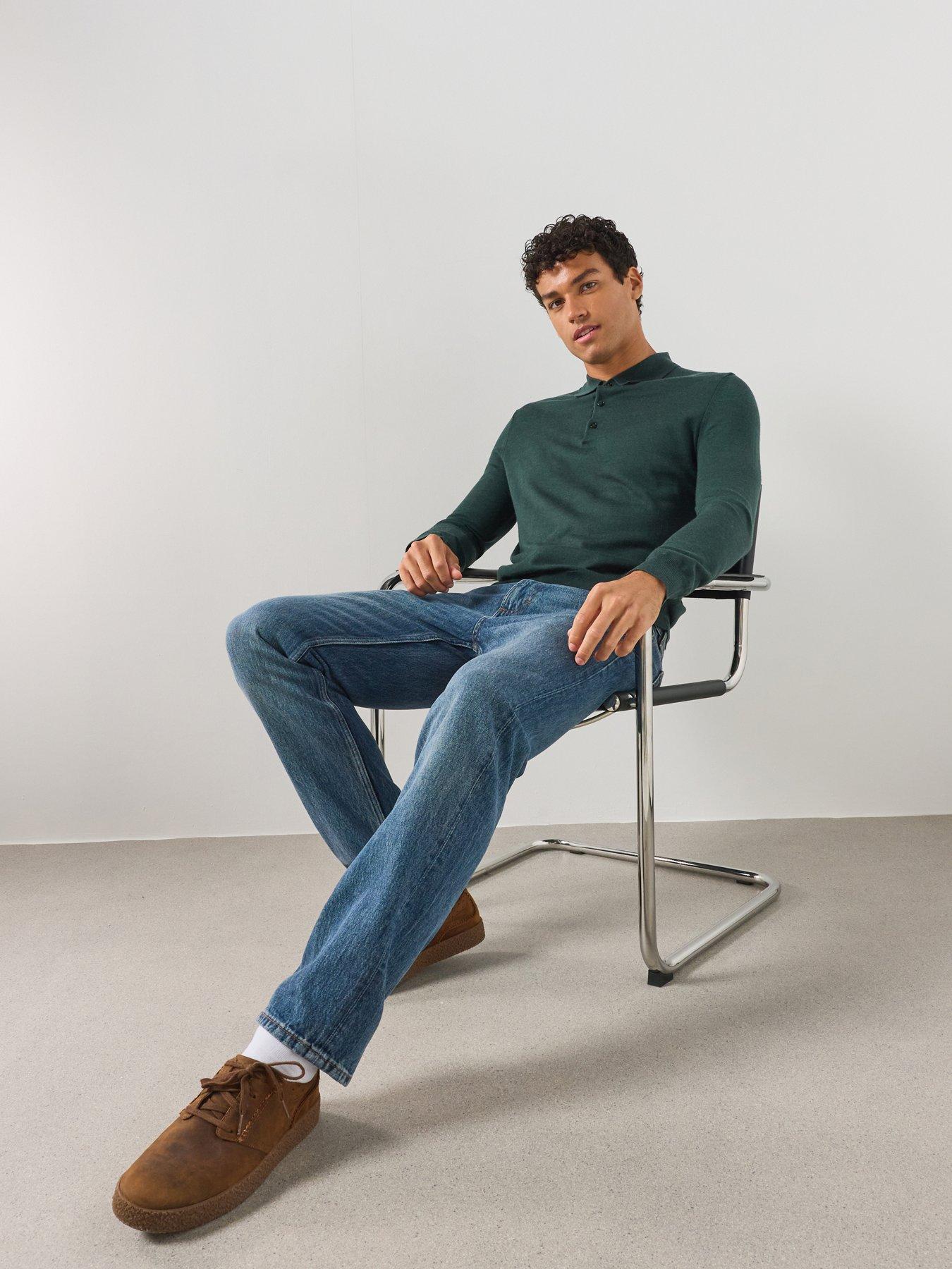 Mango Men's Fine Knit 100% Wool Polo Shirt - Dark Green