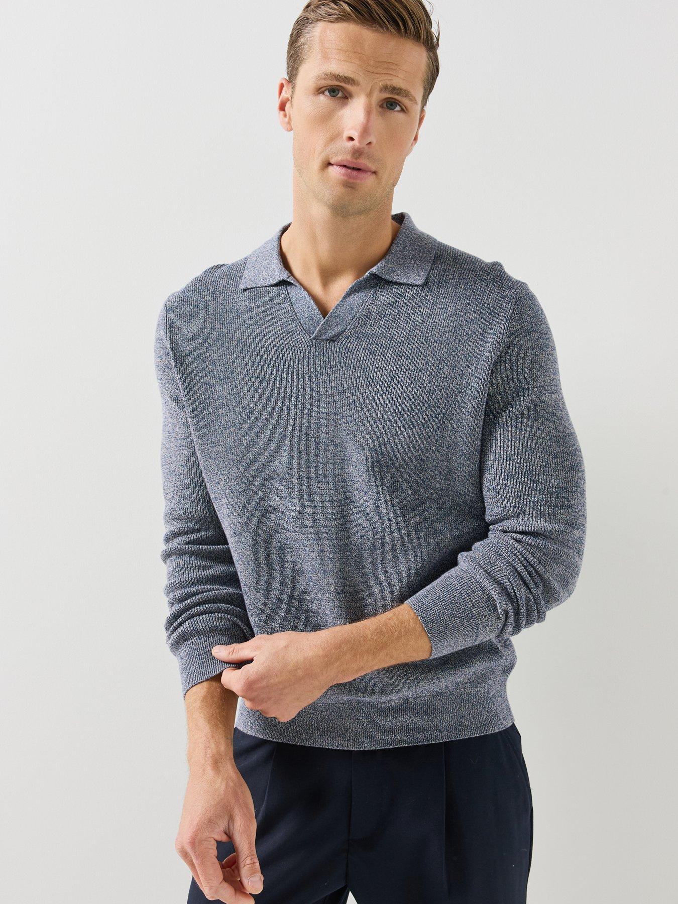 Image 1 of 6 of Mango Ribbed Knitted Polo Sweater - Blue
