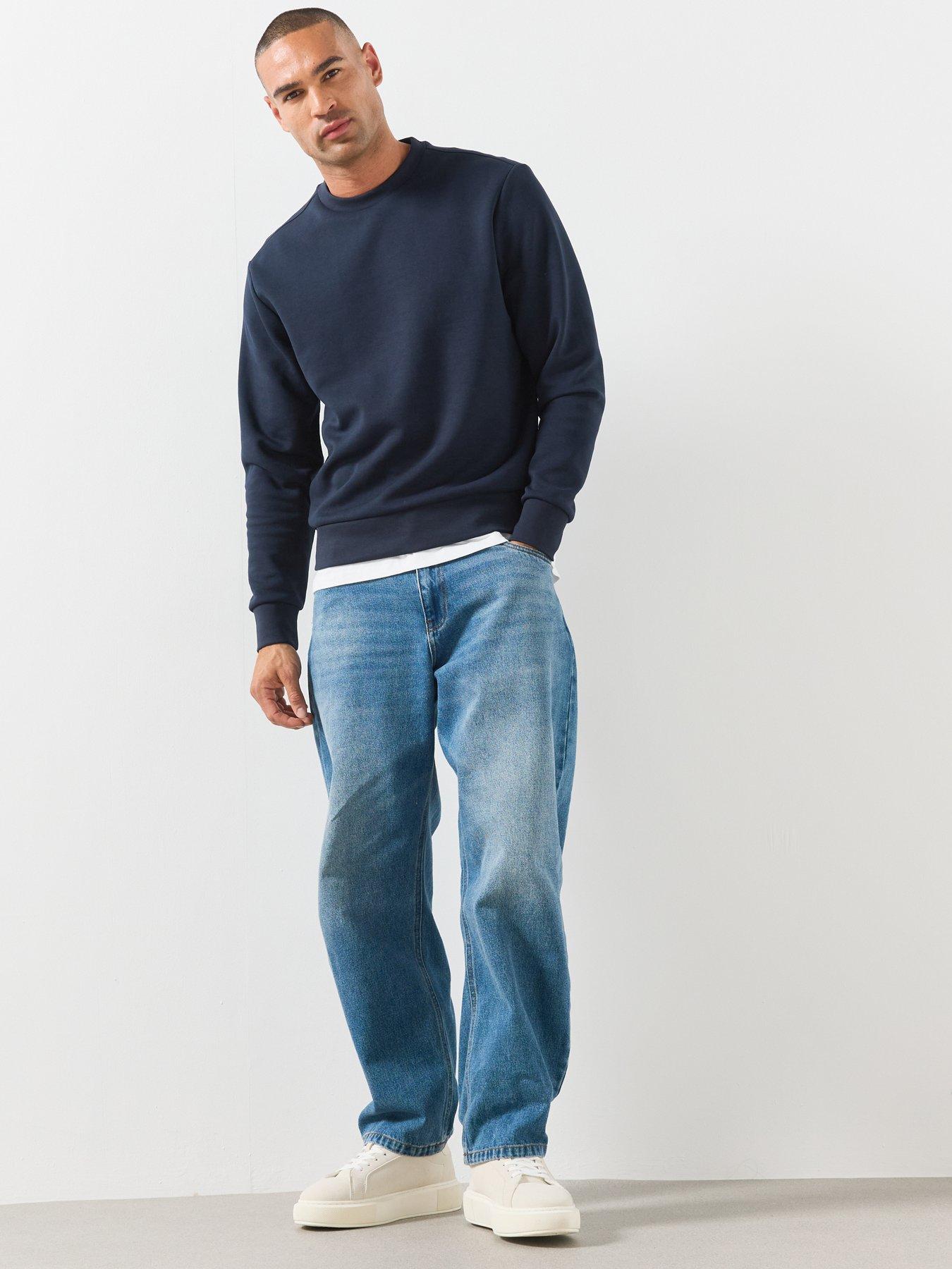 Image 3 of 5 of Mango Mens Regular Fit Cotton-Blend Crew Neck Sweatshirt - Dark Blue