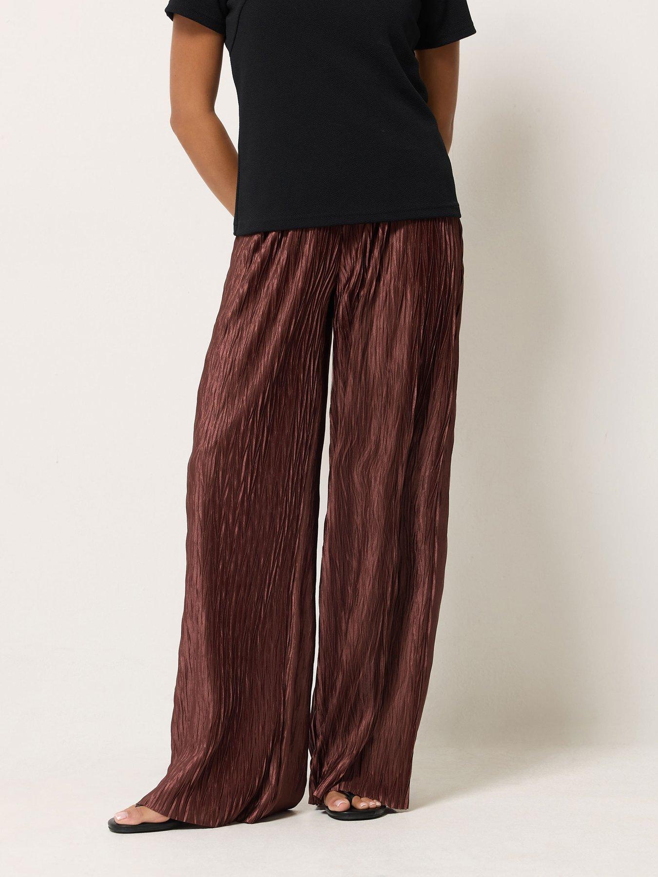 PixieGirl Womens Petite Plisse Wide Leg Trousers - Brown