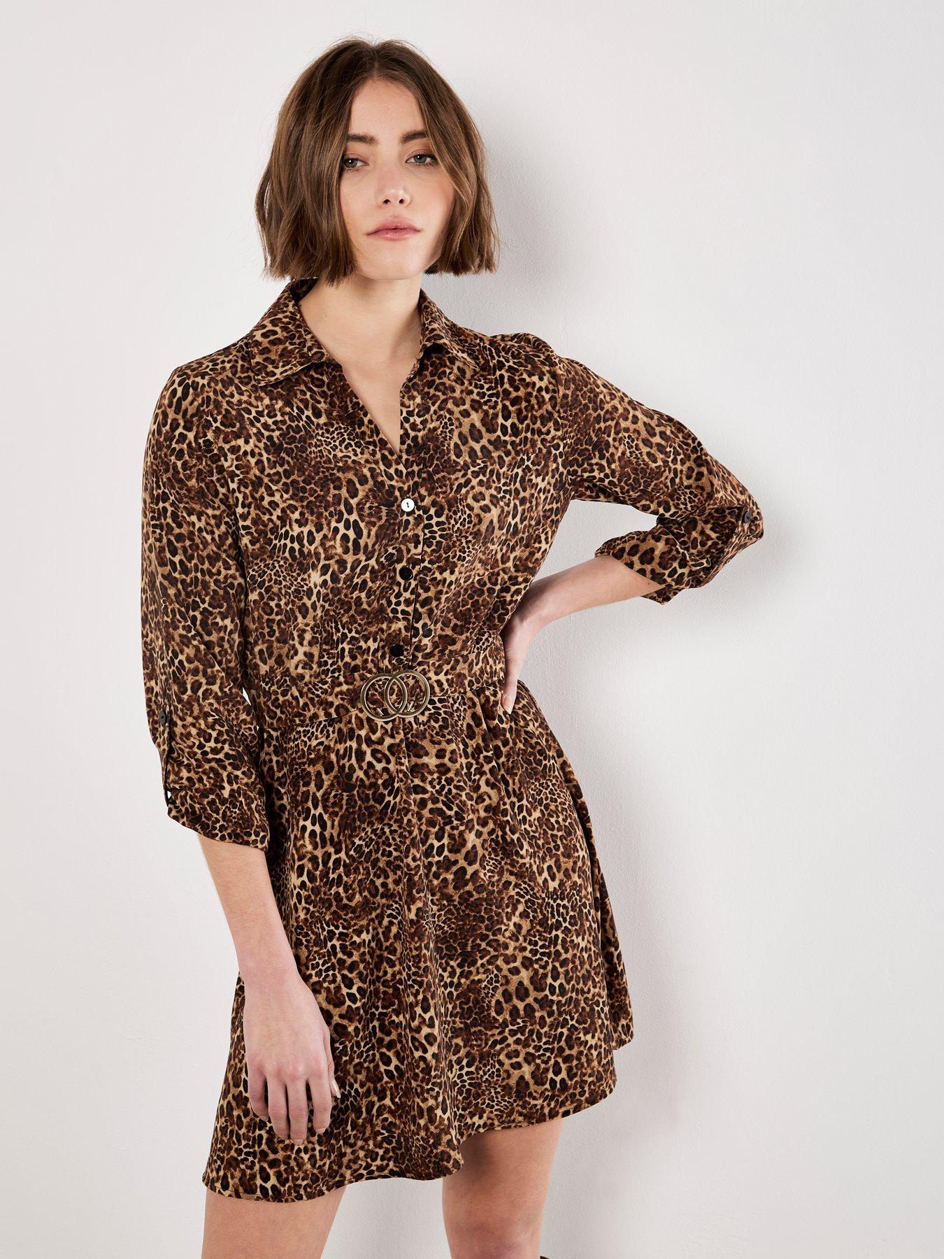 Image 1 of 4 of Apricot Womens Ombre Animal Belted Shirt Dress - Brown