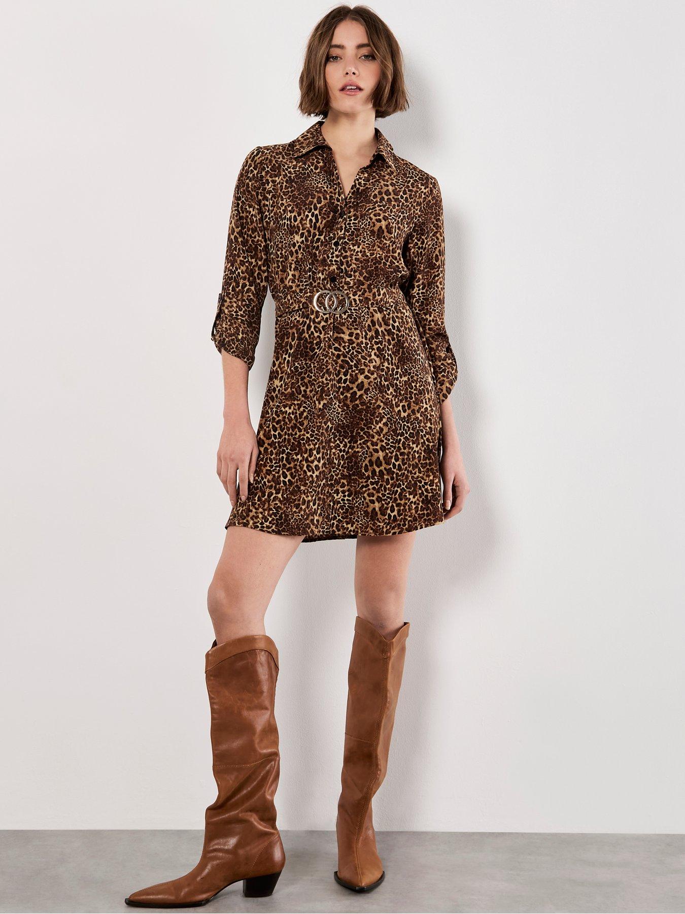 Image 3 of 4 of Apricot Womens Ombre Animal Belted Shirt Dress - Brown