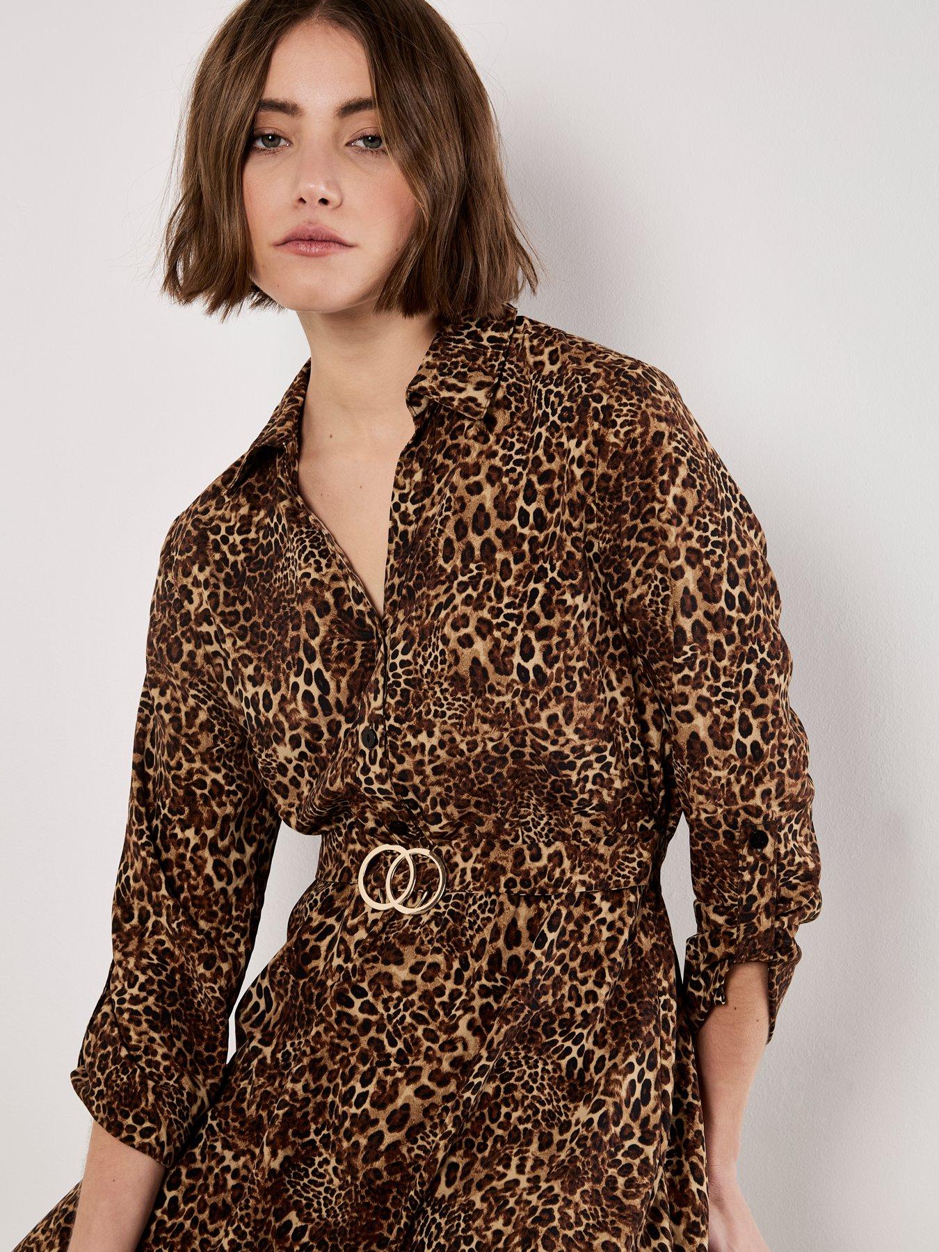 Image 4 of 4 of Apricot Womens Ombre Animal Belted Shirt Dress - Brown